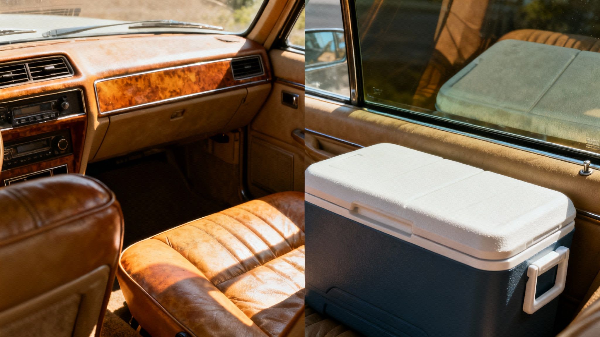 Classic car interior featuring rich brown leather seats, wood grain dashboard, and a cooler.