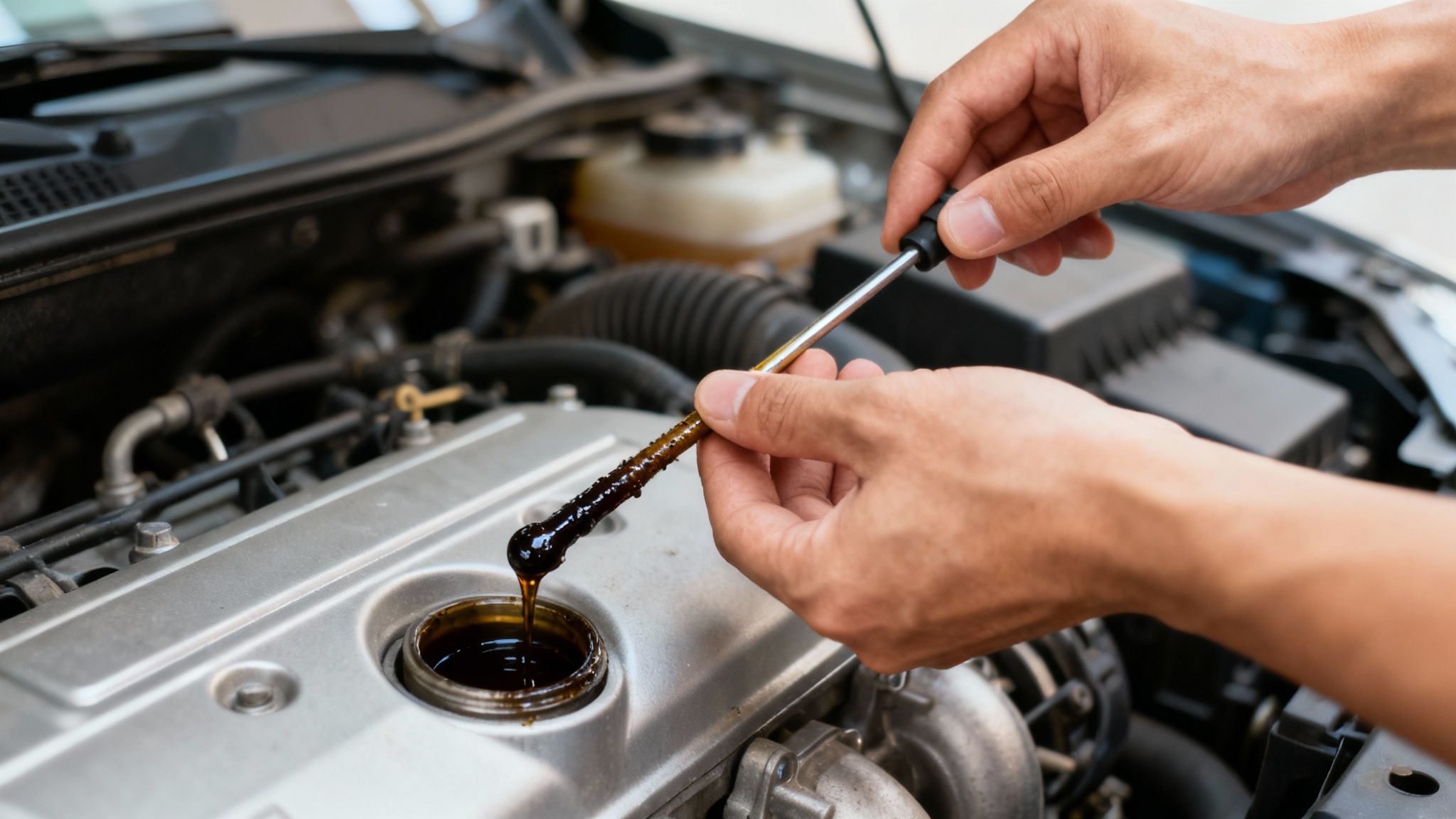 A car's dipstick showing dark, used engine oil.