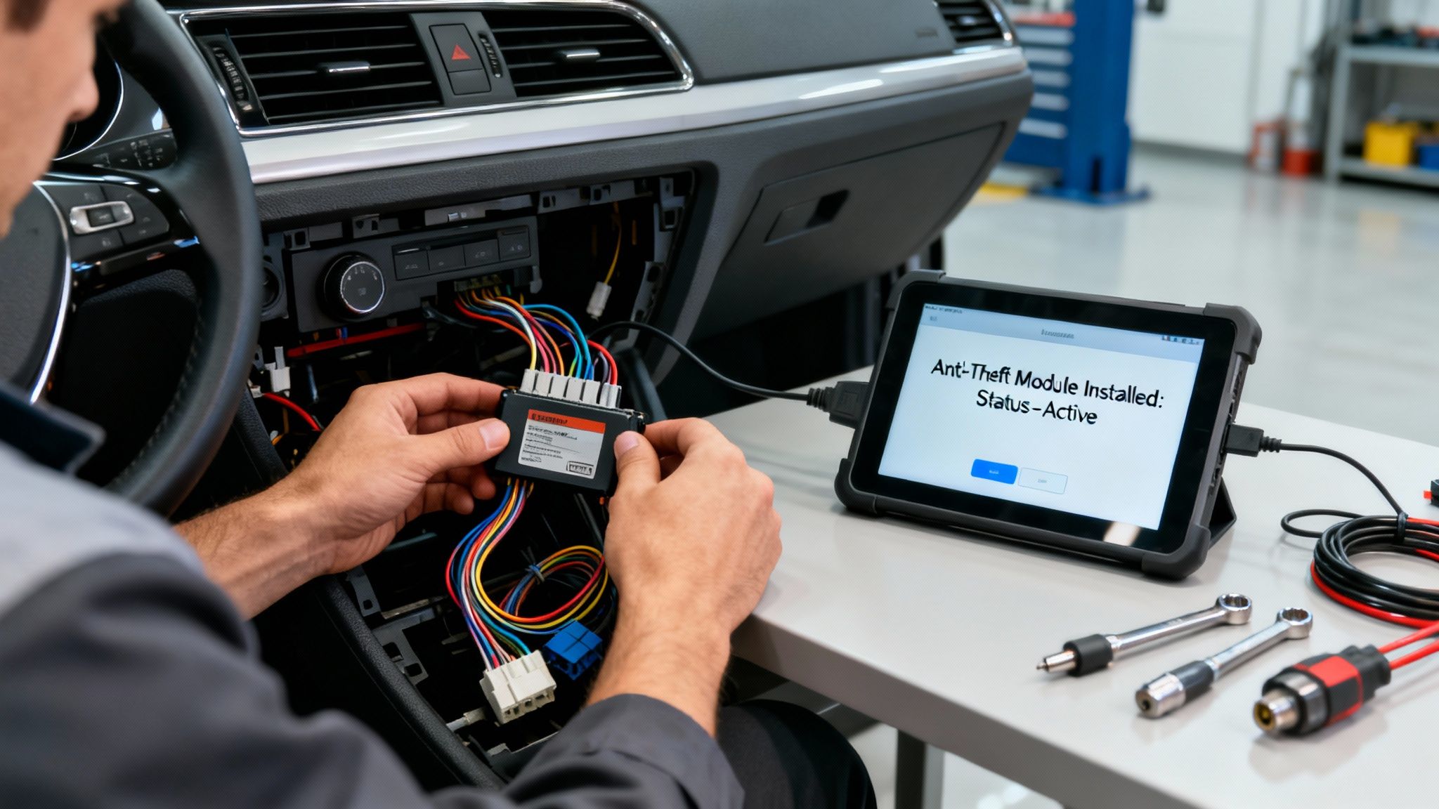 A car technician installs an anti-theft module in a vehicle's dashboard, with a tablet displaying 'Status-Active'.