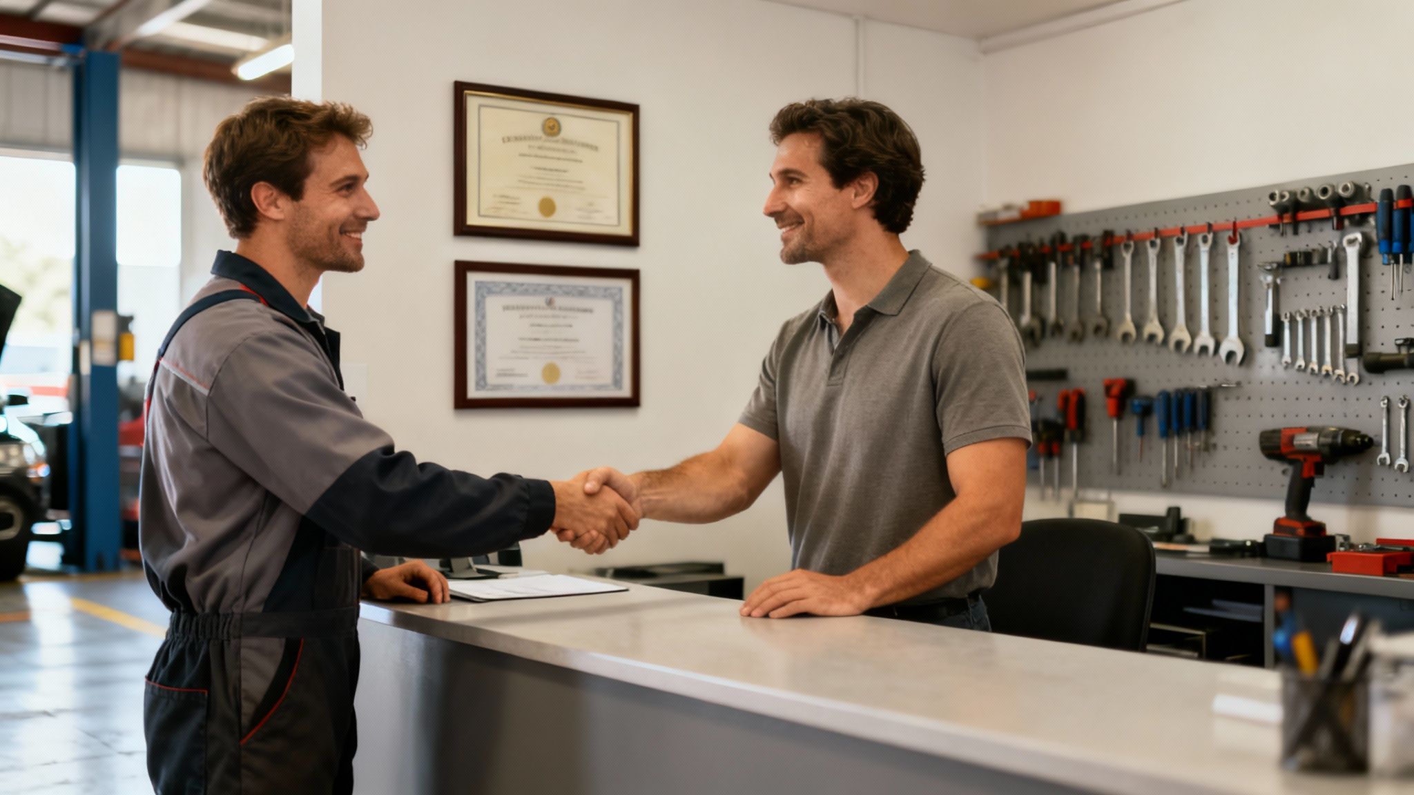 A smiling mechanic shakes hands with a customer in an auto repair shop reception.