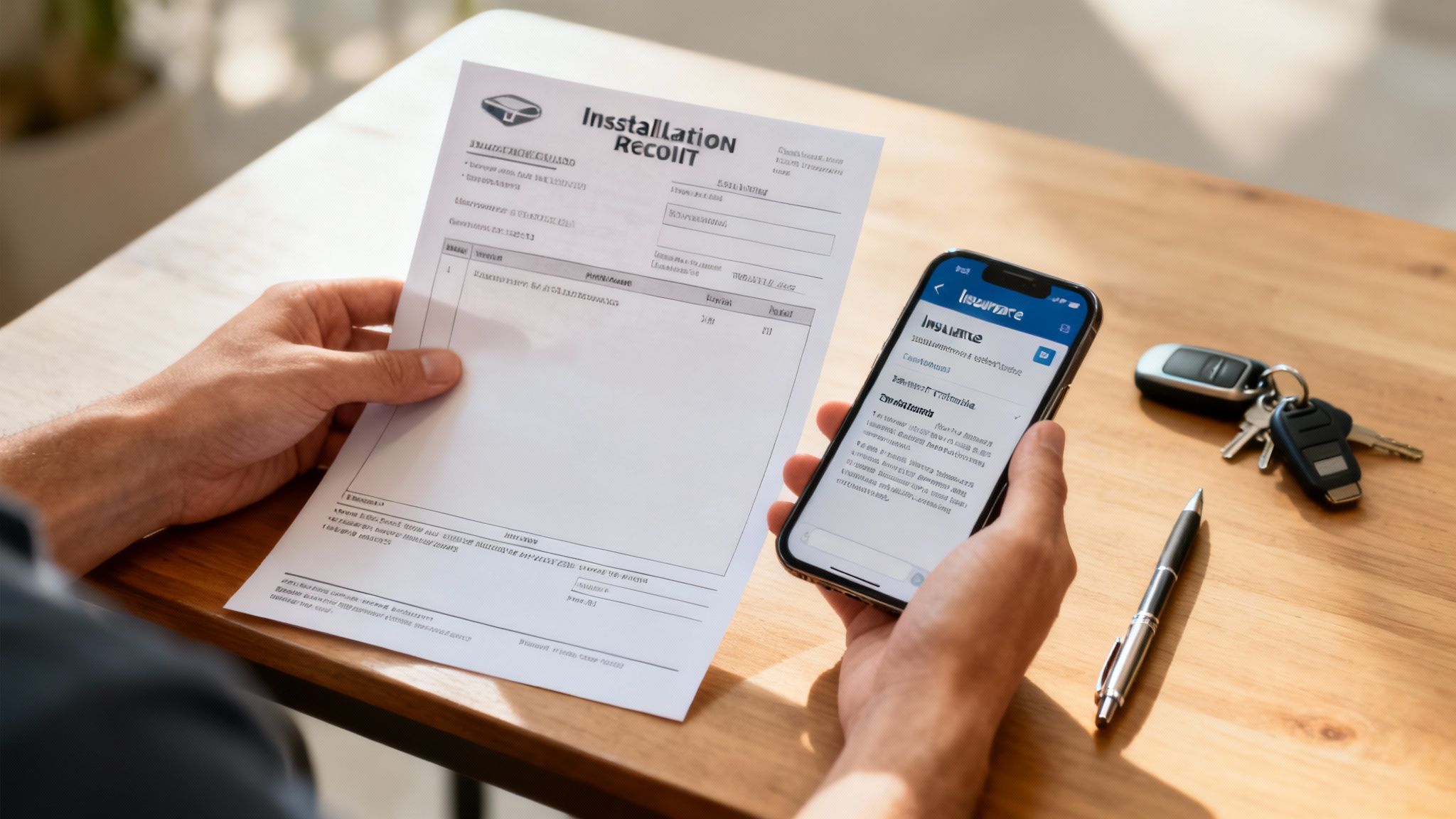 A person holding a car insurance document and keys, ready to claim their discount.