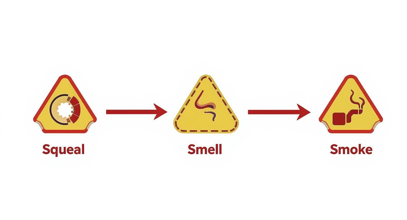 Infographic showing a timeline of car warning signs, including a brake disc icon for squeals, a nose icon for smells, and an exhaust pipe icon for smoke.