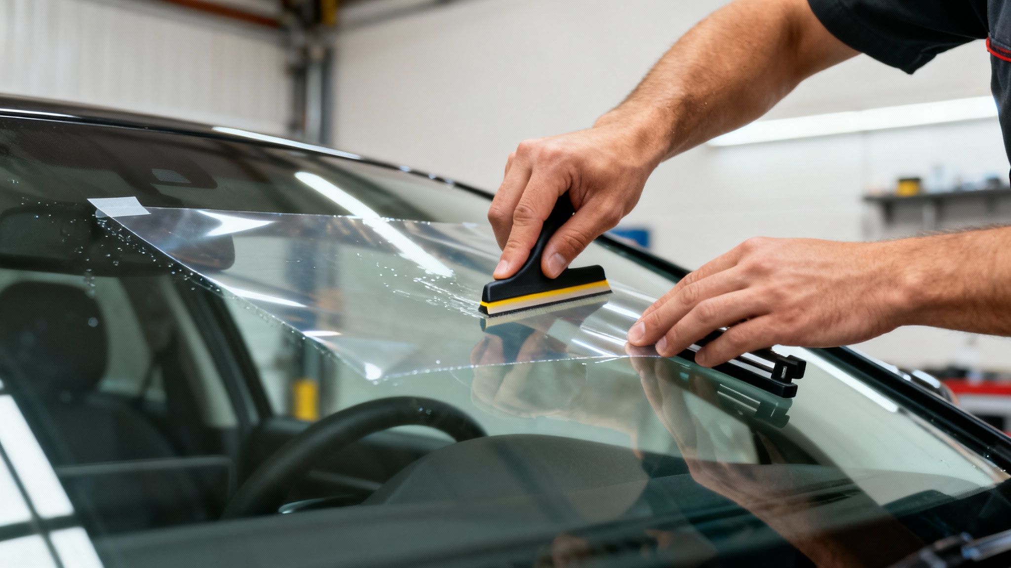 A person's hands are carefully applying a clear protective film to a car's windshield using a squeegee.