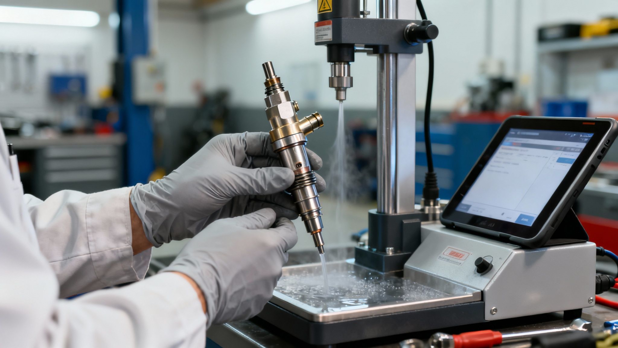 A person in gloves and a white lab coat testing a fuel injector with a specialized machine.