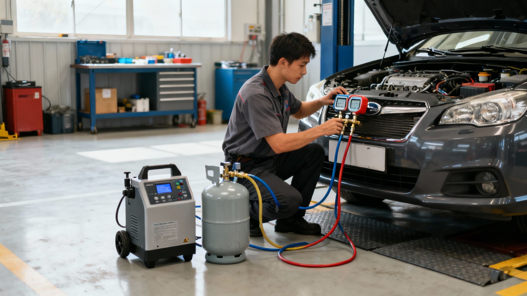 Automotive technician servicing car air conditioning system with refrigerant gauges and recovery machine