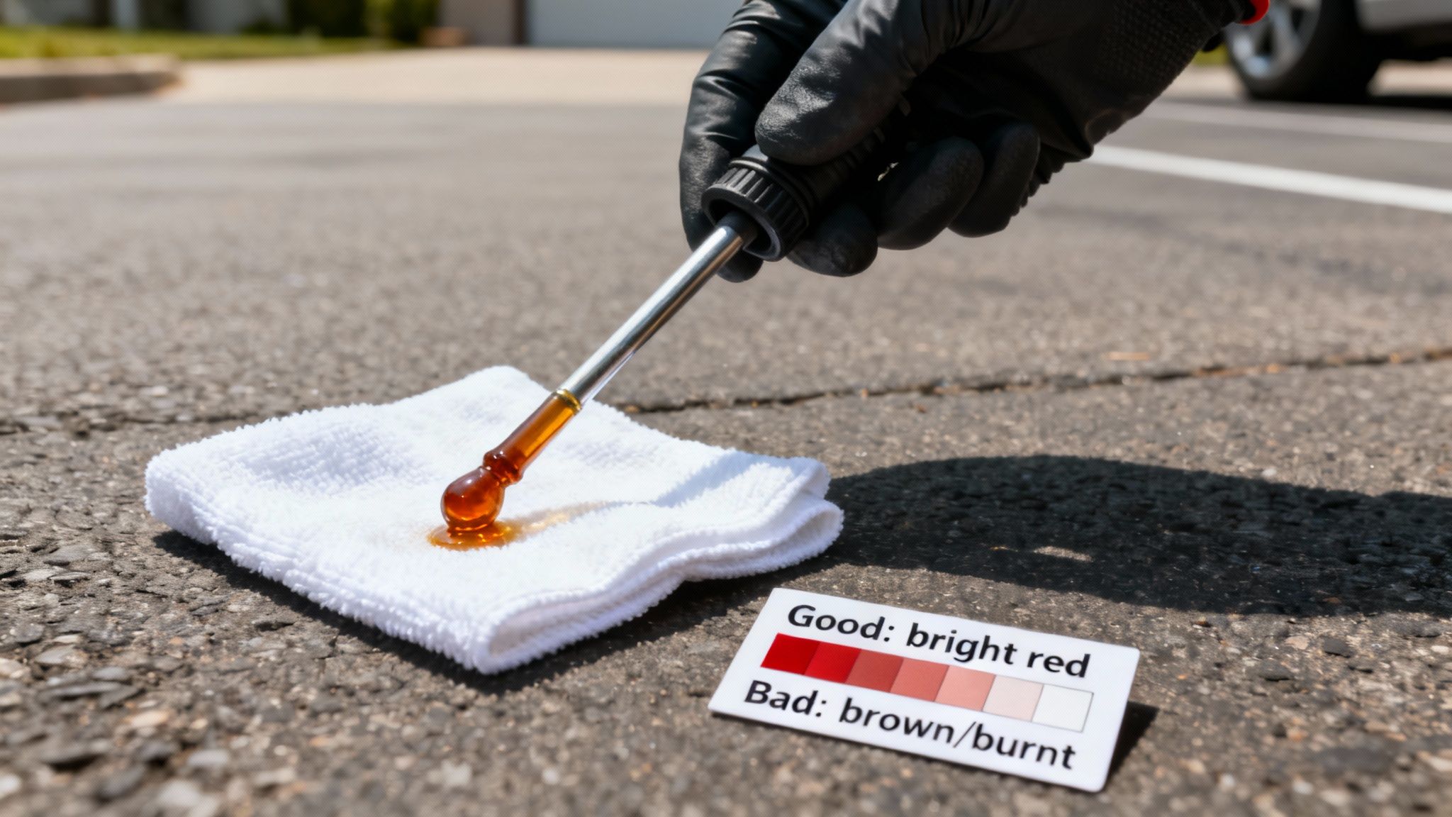 A person checking a car's transmission fluid with a dipstick in a well-lit garage.