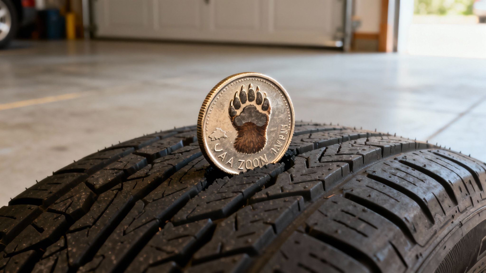 A Canadian coin with a bear paw stands upright in a car tire's tread, symbolizing tire depth.