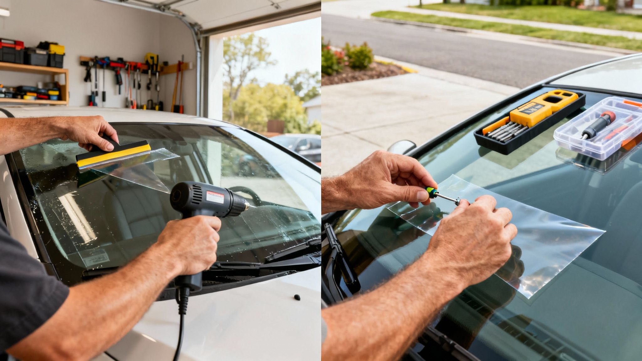 A person applies a protective film to a car windshield using a squeegee, heat gun, and small tools.