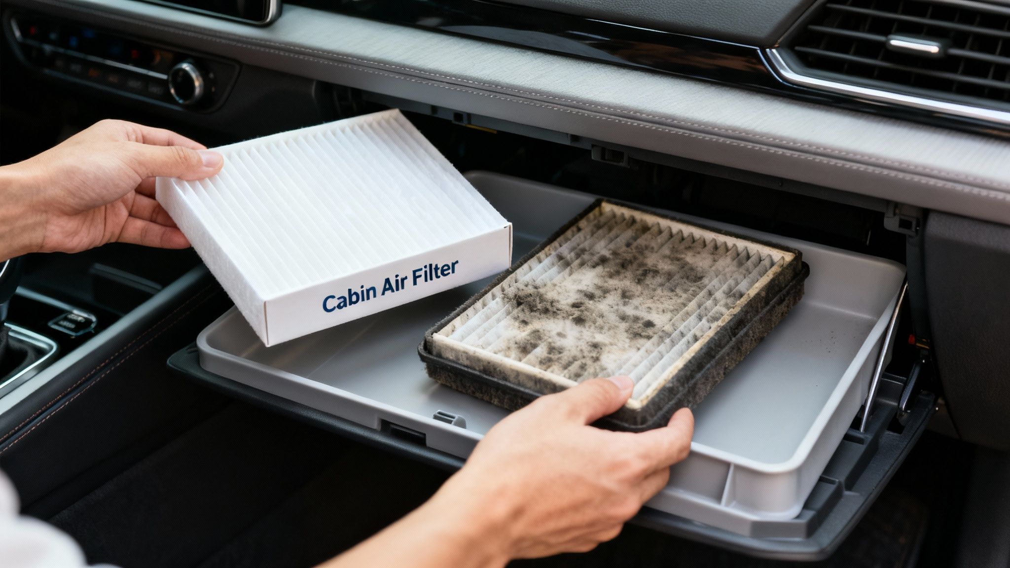 Hands replacing a dirty car cabin air filter with a new clean one.