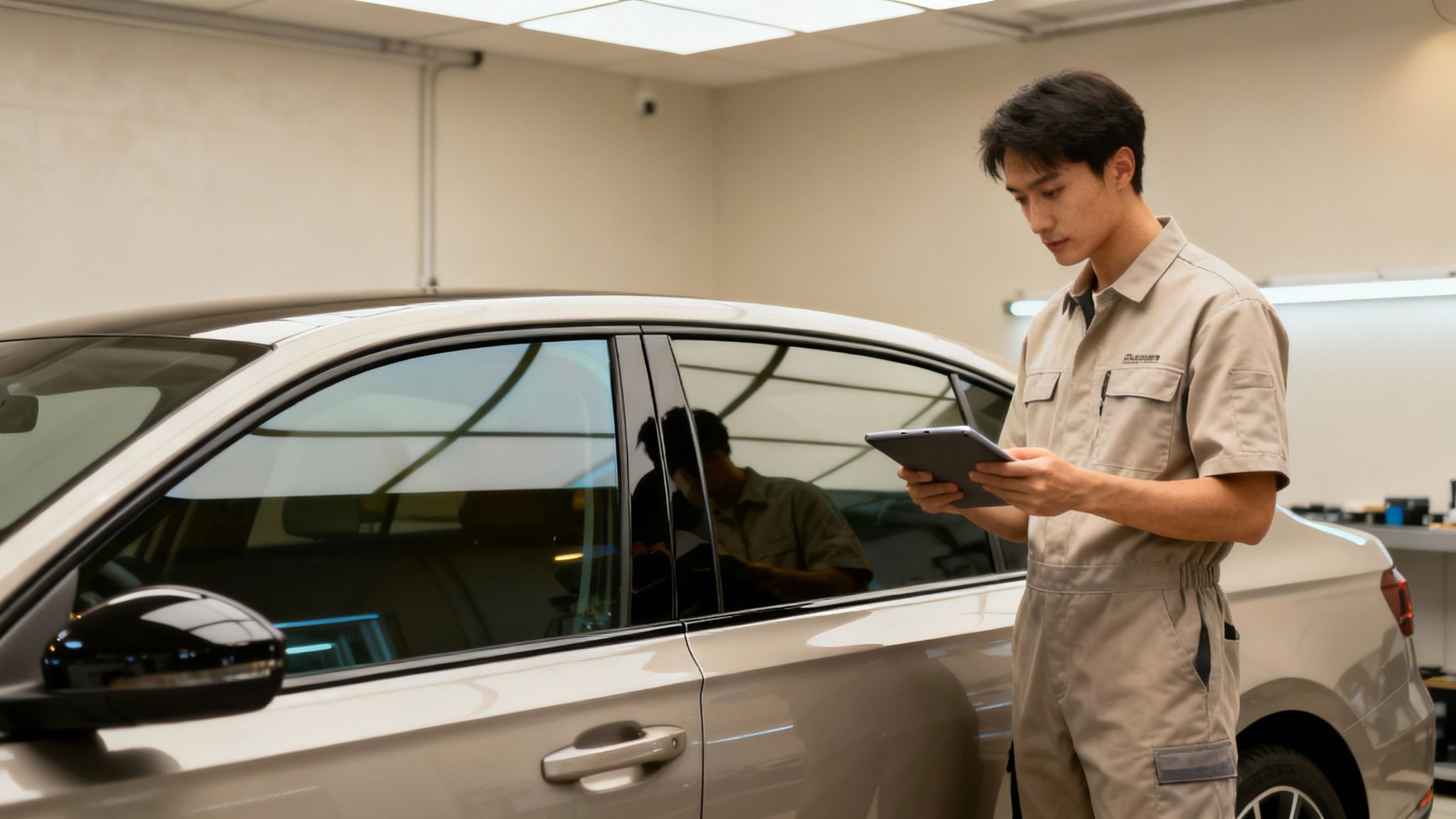 A professional technician carefully applying window tint film to a car's side window in a clean workshop.