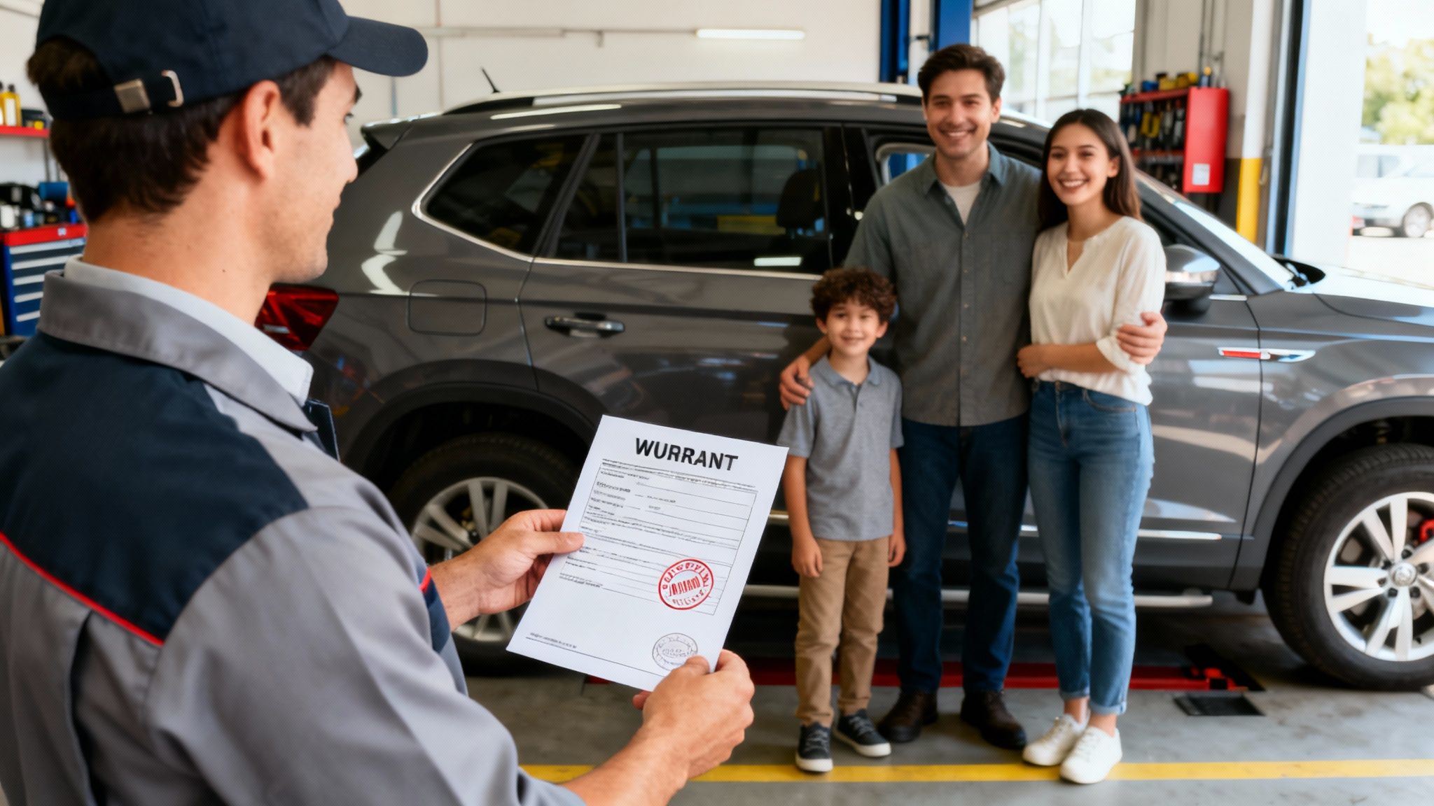 A mechanic shows a repair warranty document to a happy family next to their car in an auto shop.