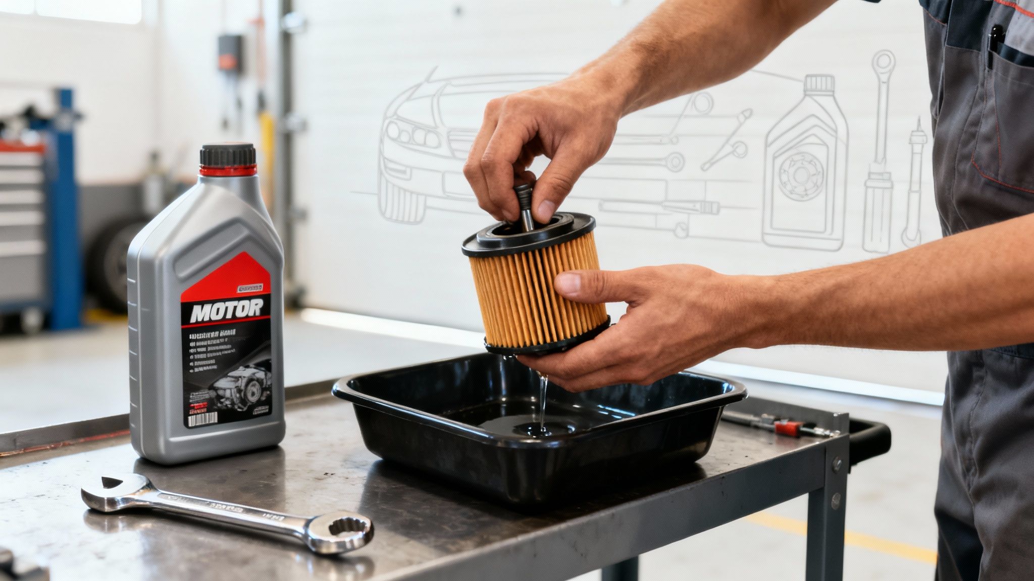 A mechanic in a clean workshop is pouring fresh motor oil into a car's engine.