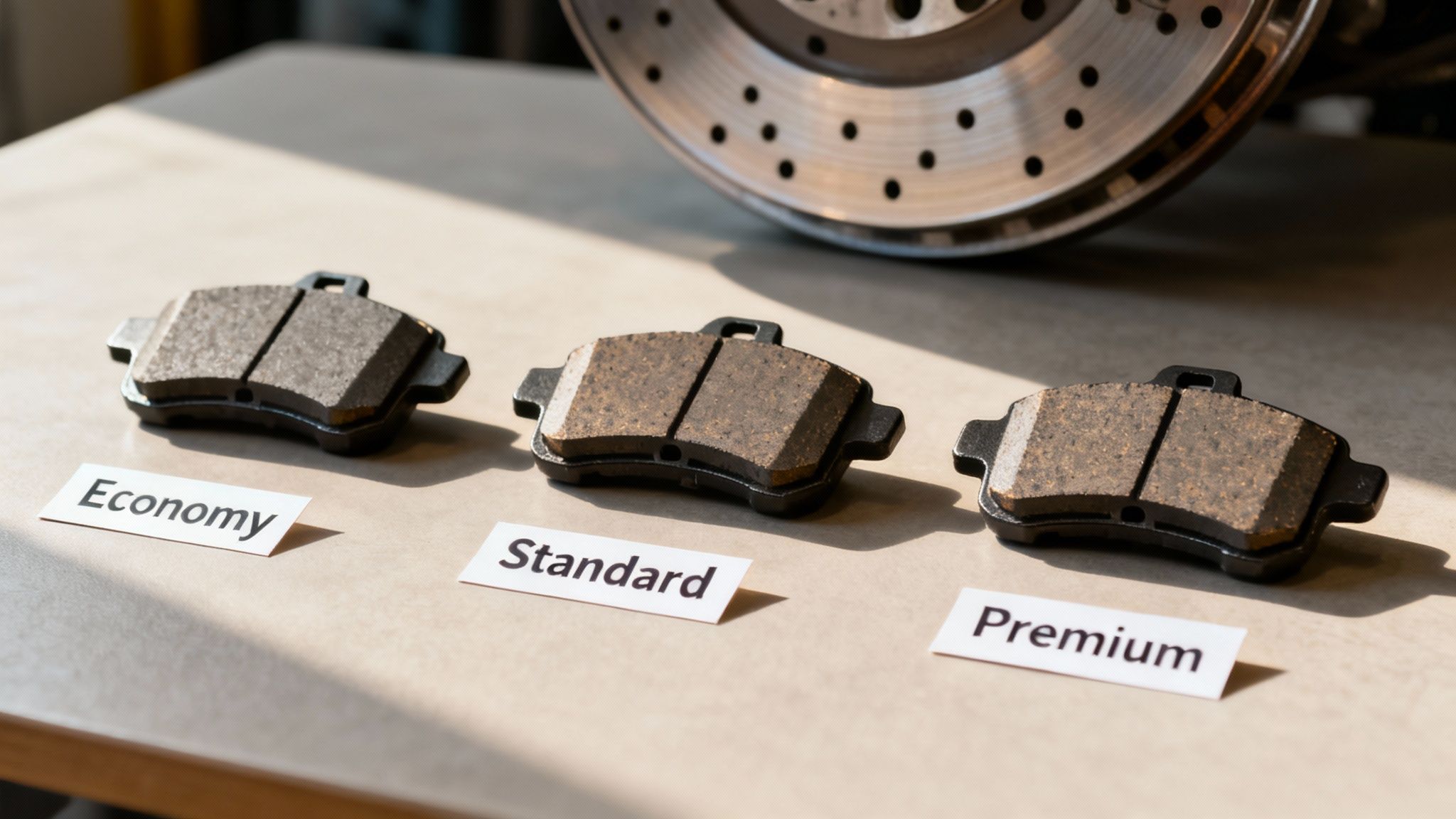 Three car brake pads labeled Economy, Standard, and Premium are displayed with a brake disc.