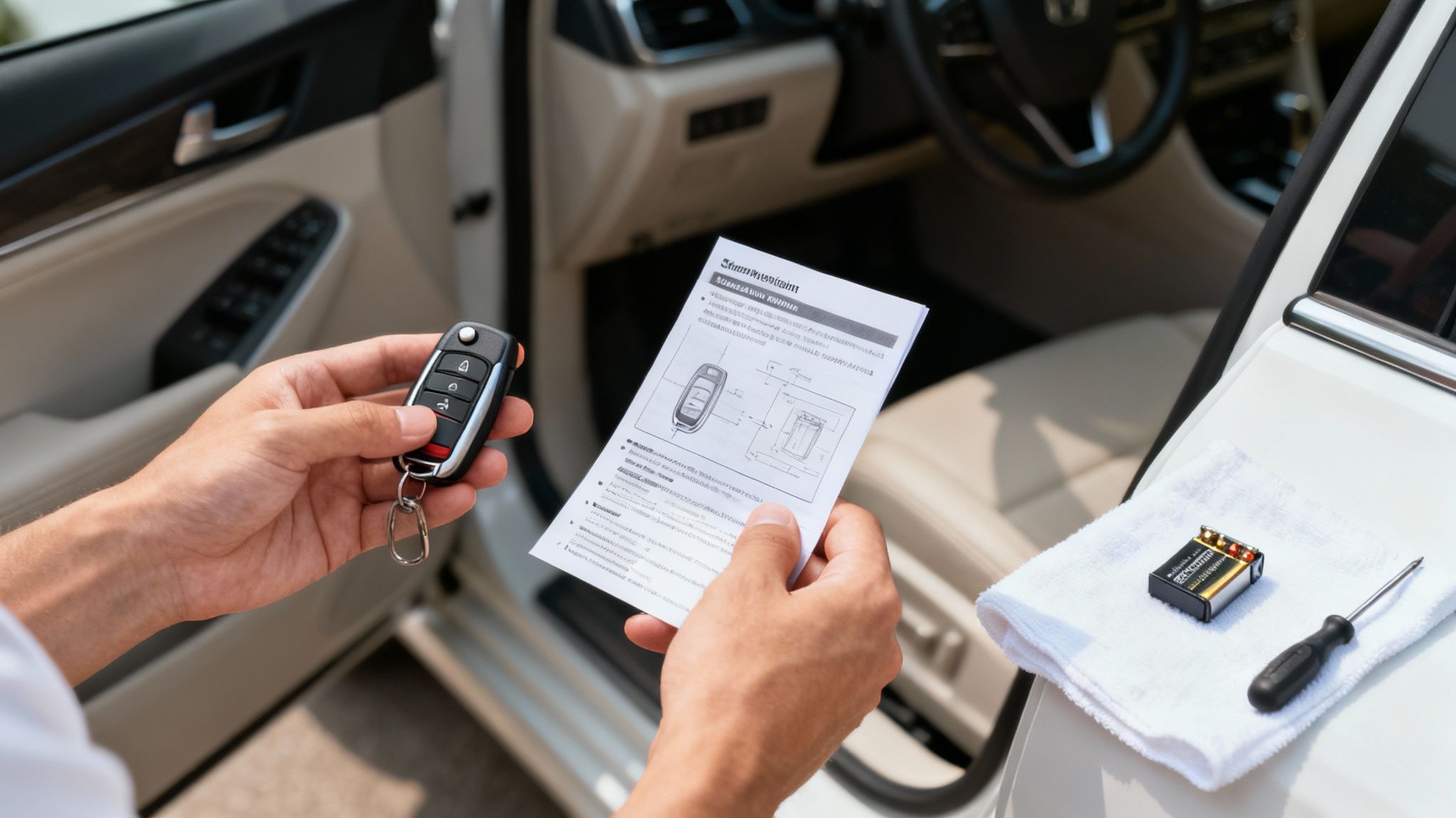 A person holding a remote starter fob with their car in the background.
