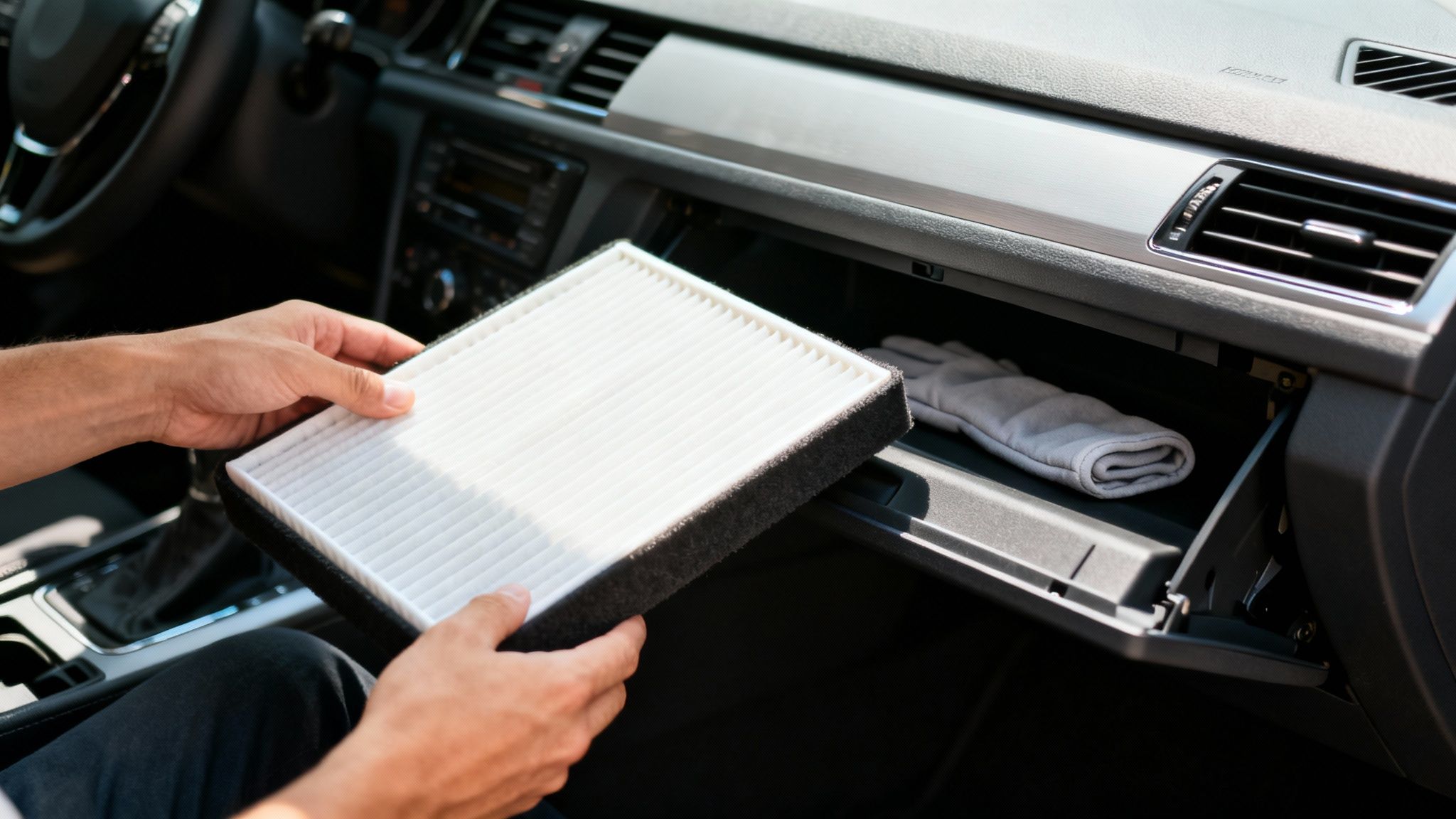Person holding a clean car cabin air filter, replacing it near an open glove compartment.