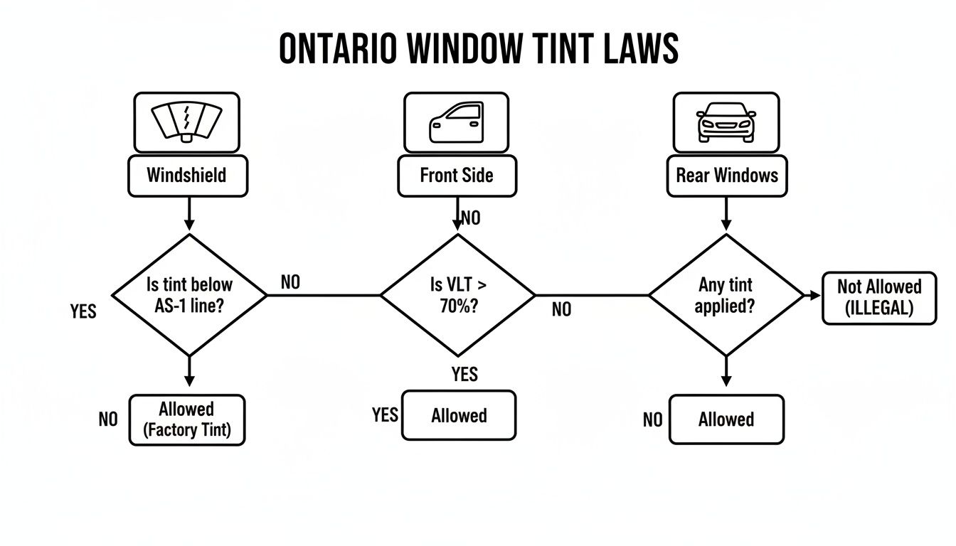 A Guide to Automotive Window Tint Percentages 3 Flowchart detailing Ontario window tint laws for windshield, front side, and rear vehicle windows.