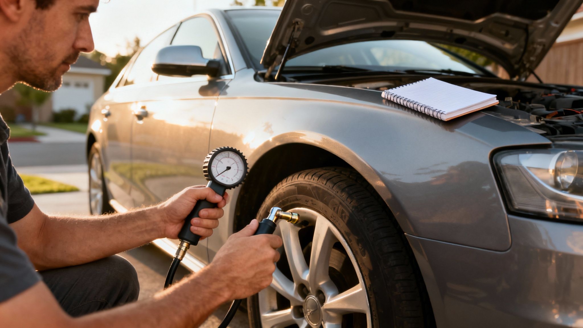 A man checks the tire pressure of a grey car with a gauge, the hood open for maintenance.