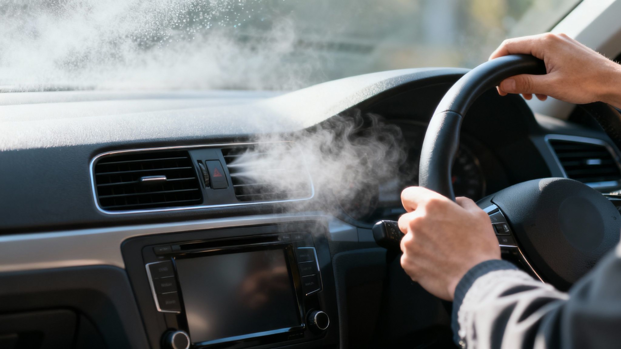 Hands on a steering wheel in a car with mist coming from the air vents.