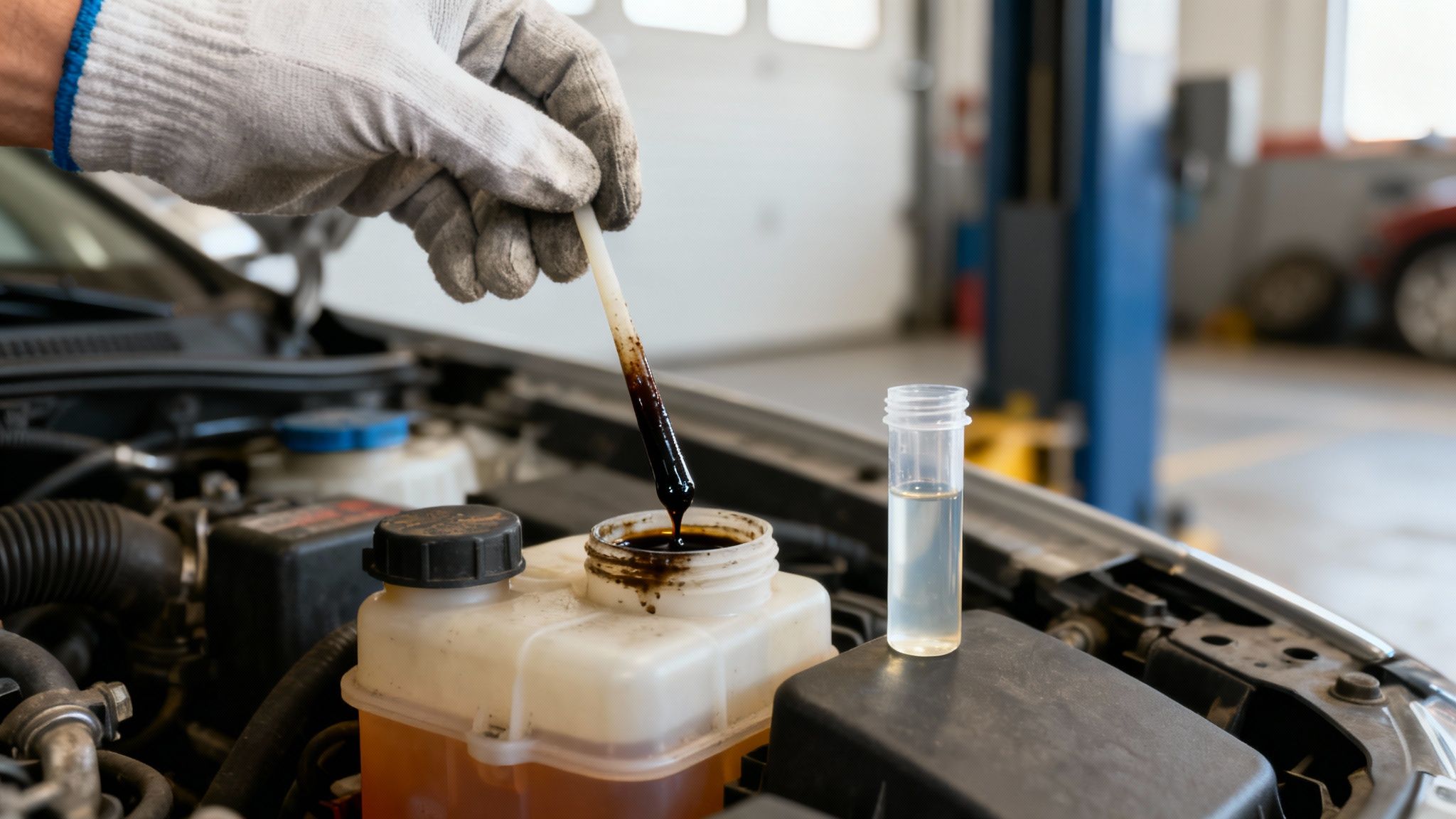 A car mechanic inspecting the brake fluid reservoir.