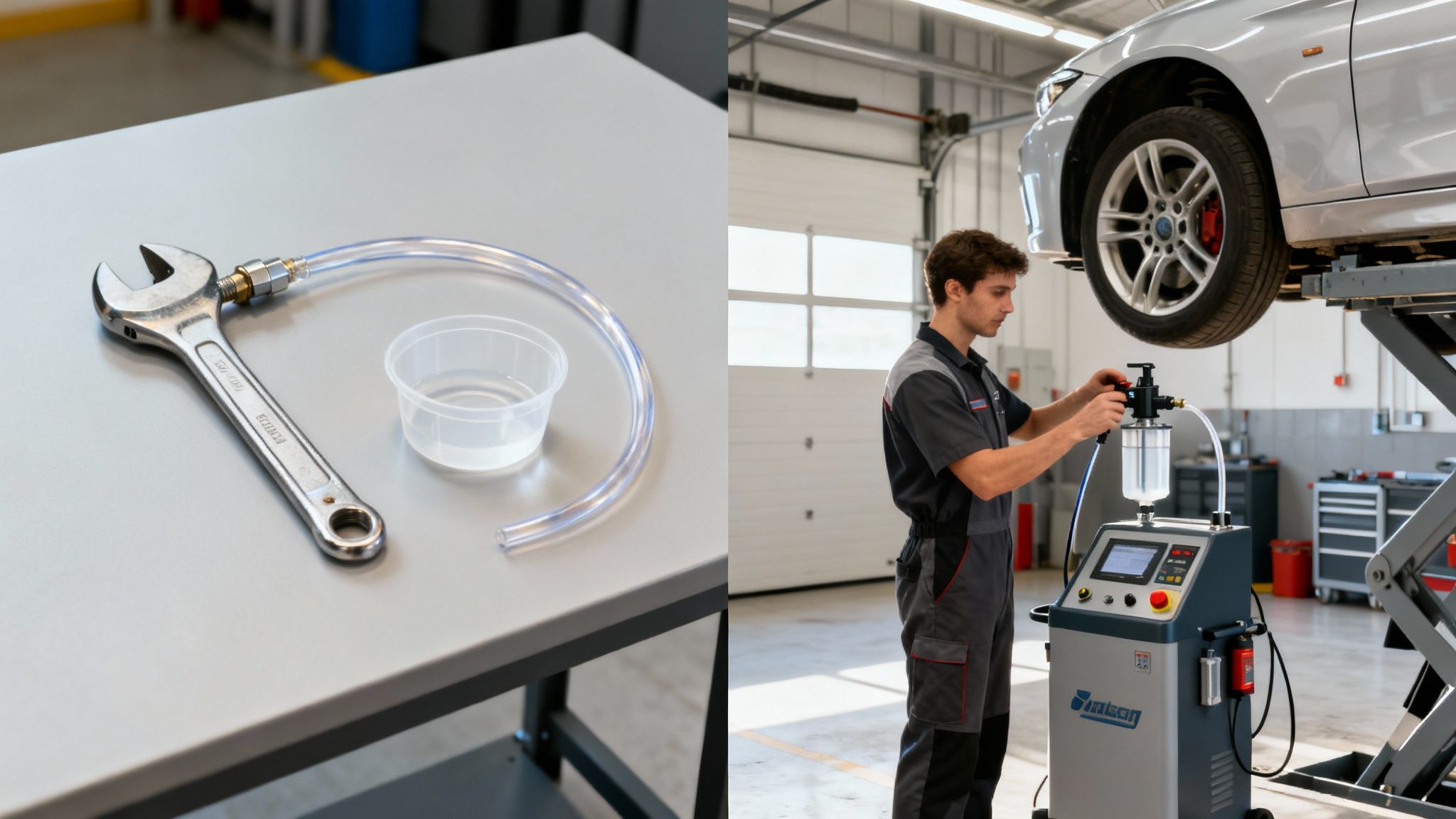 A professional mechanic changing brake fluid in a modern car.