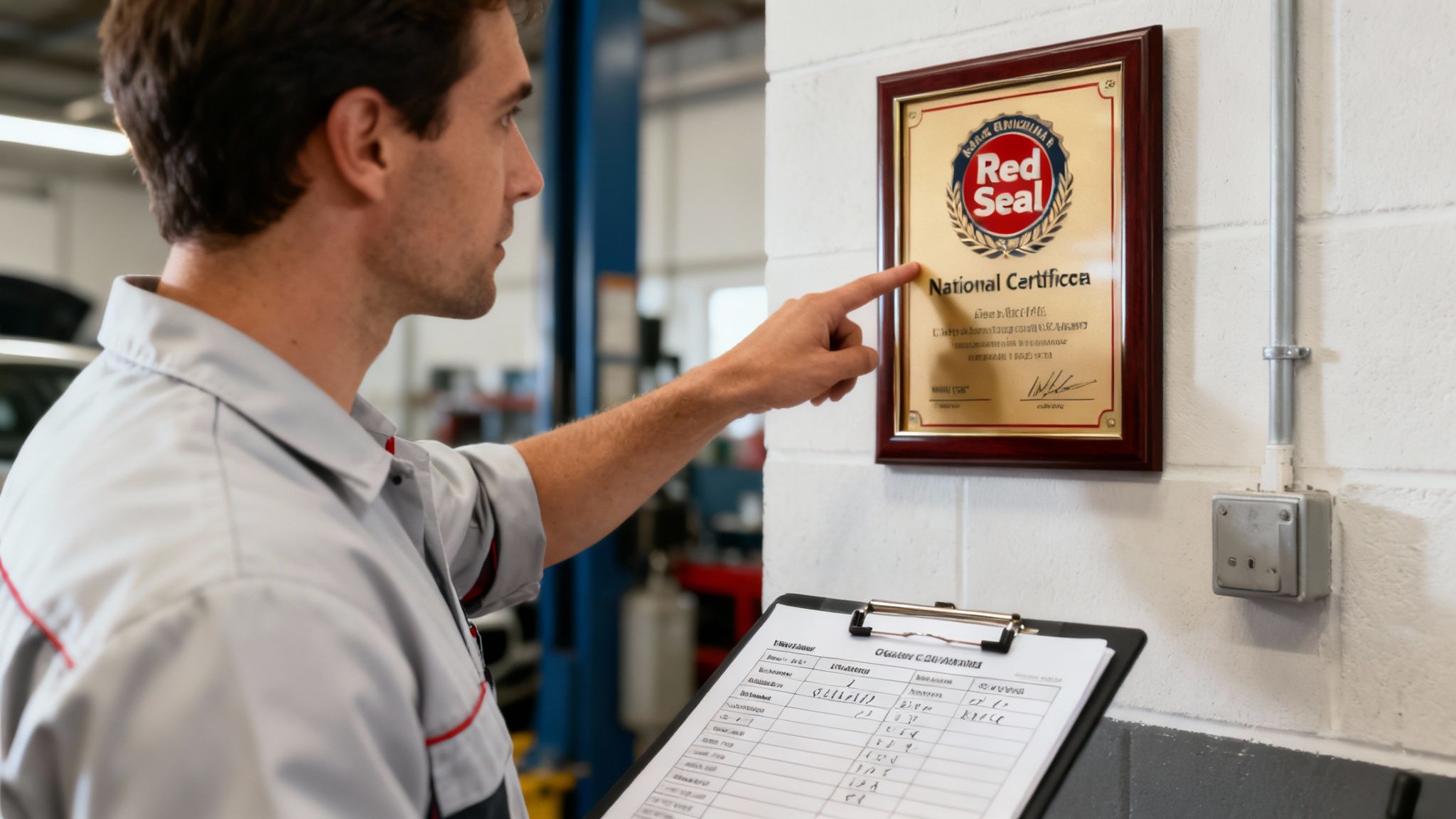 A certified auto mechanic confidently holding tools in a well-lit workshop.