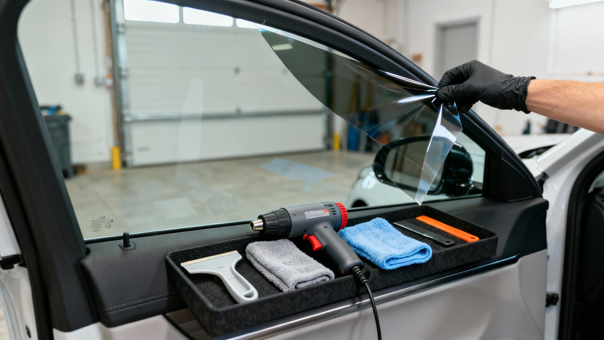 Professional technician applying window tint film to car glass in auto detailing shop