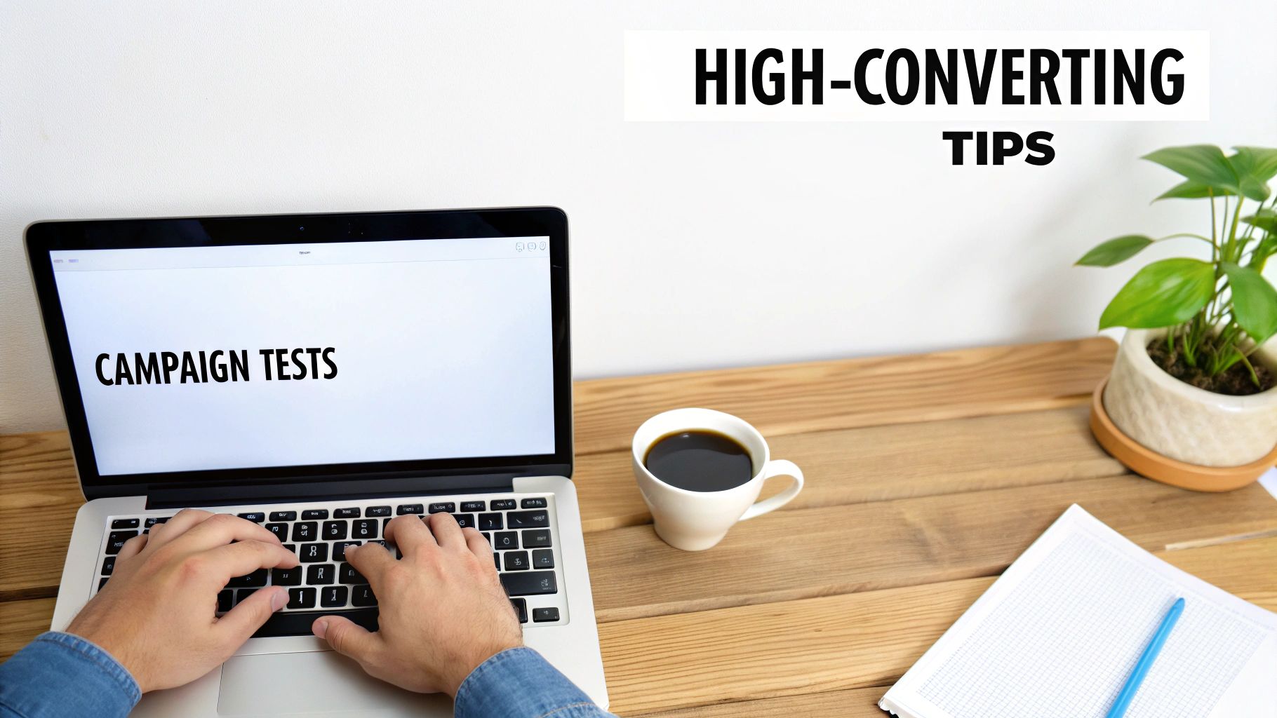 A person typing "CAMPAIGN TESTS" on a laptop, with "HIGH-CONVERTING TIPS" text and coffee on a wooden desk.