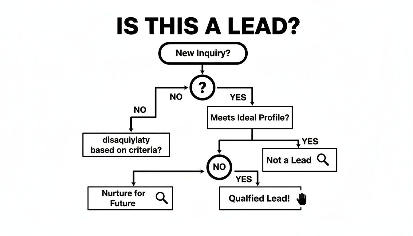 A flowchart titled 'Is This a Lead?' illustrating the sales lead qualification process.