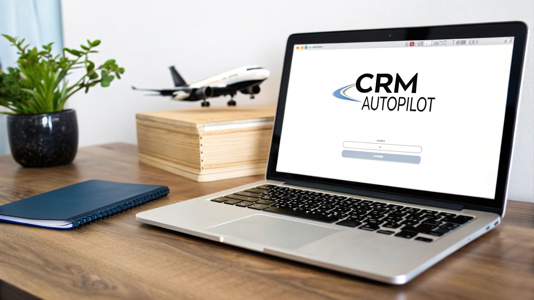Laptop displaying CRM Autopilot software login screen on modern wooden desk with plant and airplane model