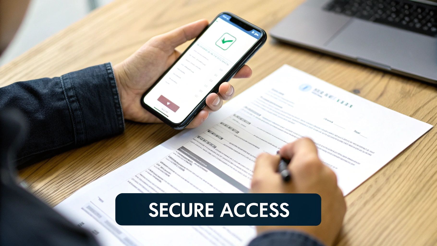 Hands holding a smartphone with a secure checkmark and signing paper, emphasizing secure access.