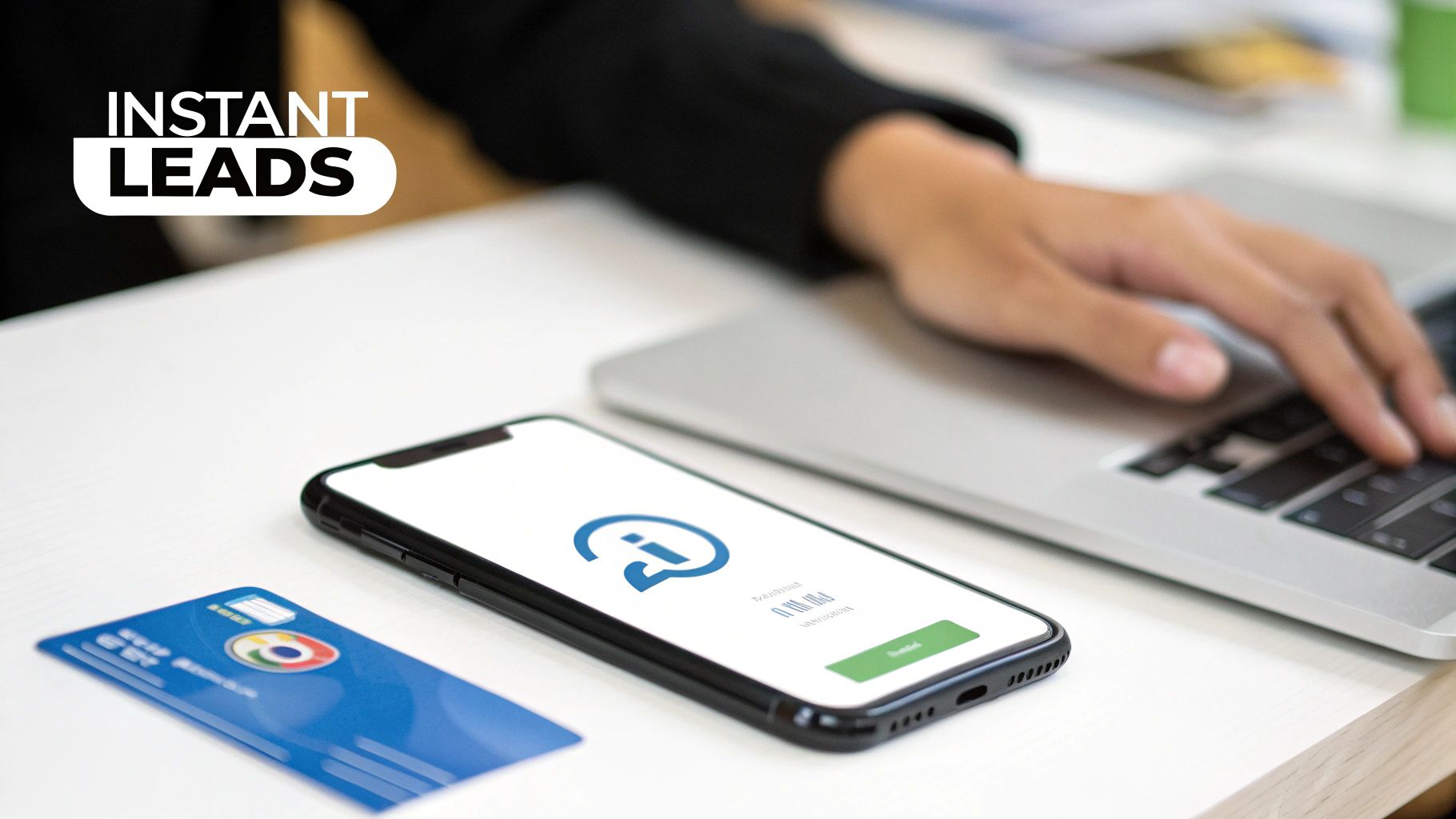 A person typing on a laptop next to a smartphone displaying an information icon and a credit card, emphasizing instant leads.