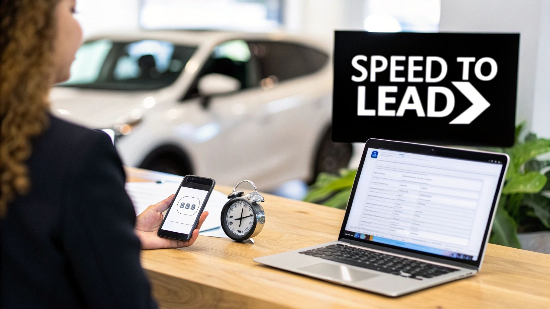 A woman at an auto dealership desk holding a phone, with a laptop and a 'SPEED TO LEAD' display.