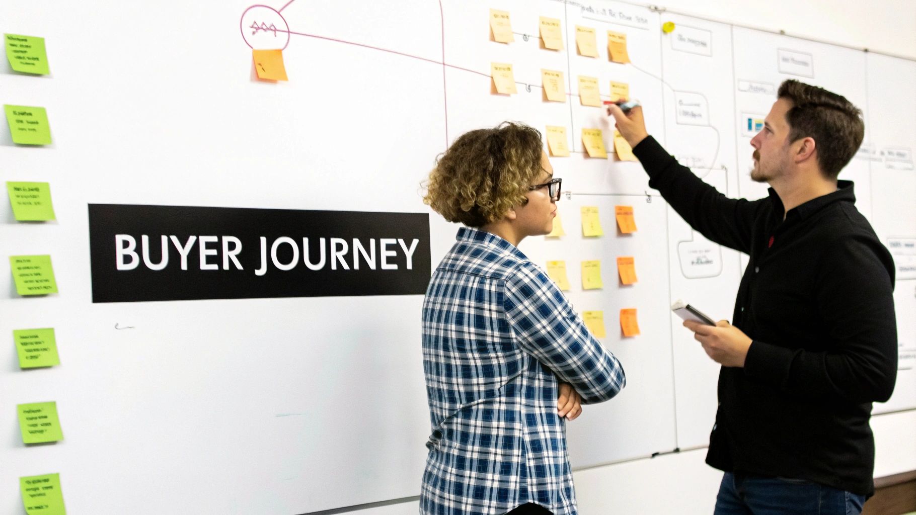 Two marketing professionals collaborating on a buyer journey map with sticky notes on a whiteboard.