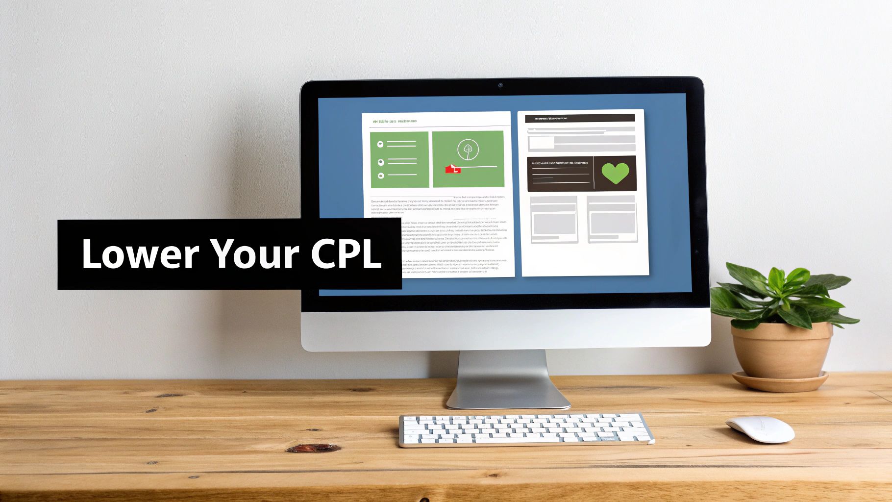 A computer monitor on a wooden desk displays a website design, with a prominent 'Lower Your CPL' text.
