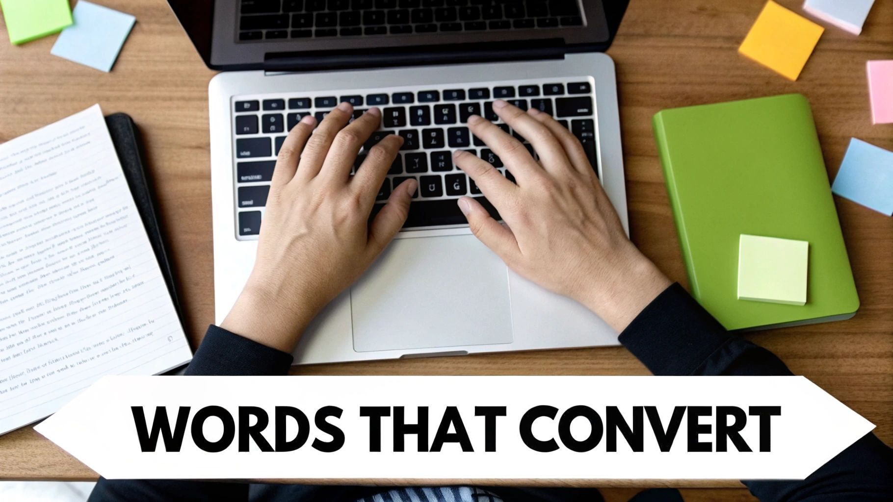 Top-down view of a person typing on a laptop with notebooks and sticky notes on a wooden desk.