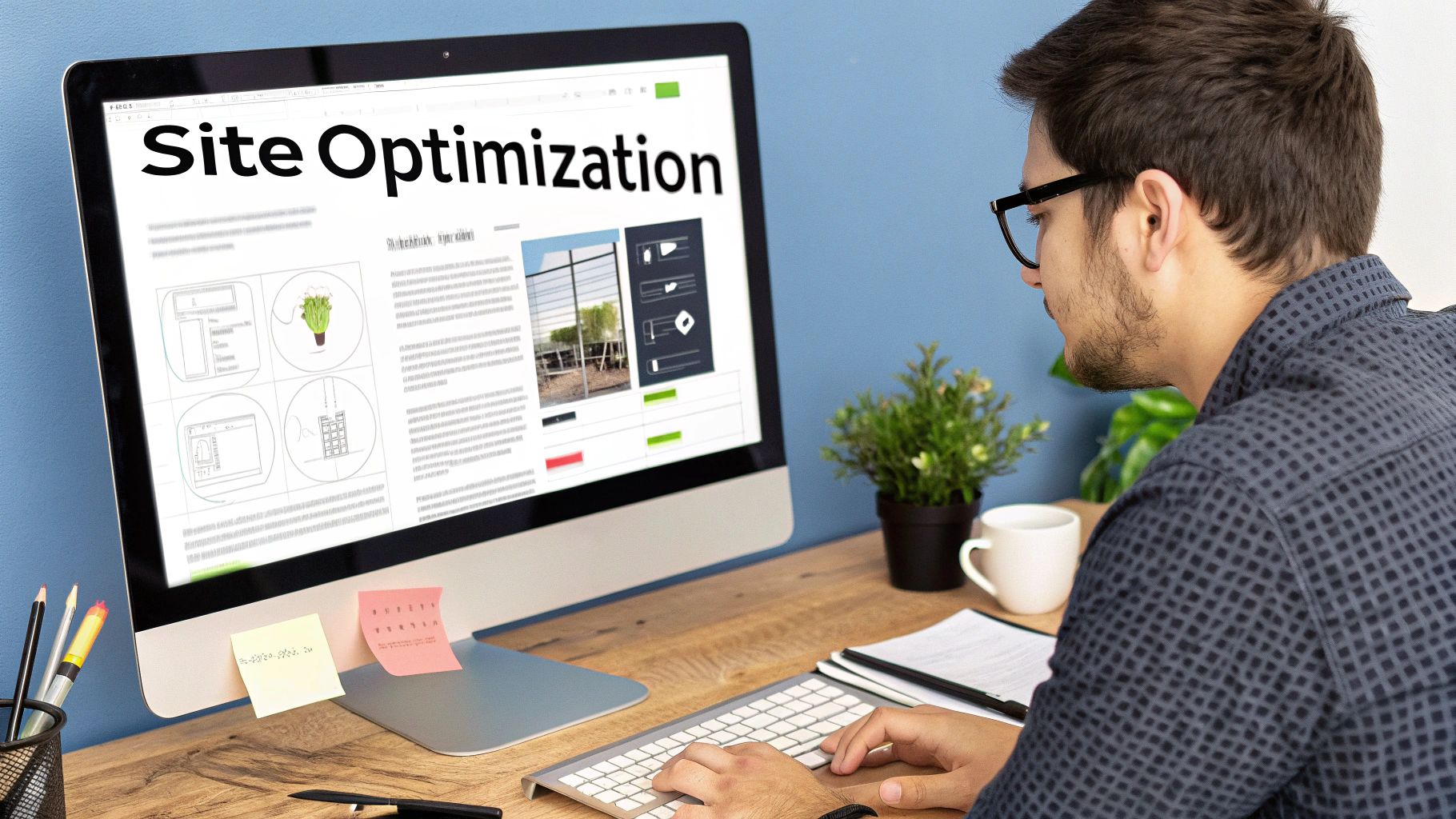 A website on a laptop screen with conversion funnels and lead icons overlaid, symbolizing website optimization for leads.