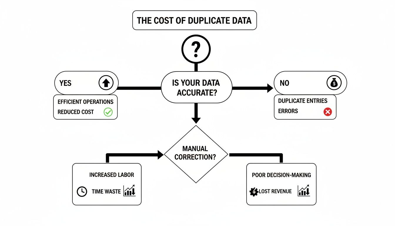 Flowchart illustrating the cost of duplicate data, showing impacts on efficiency, errors, labor, and revenue.