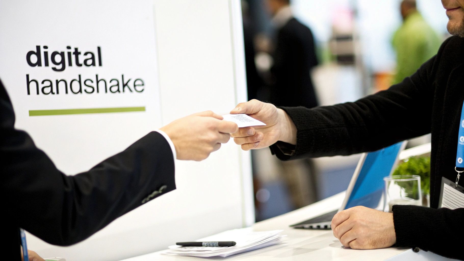 Two people exchanging a business card at a business event, symbolizing a digital handshake.
