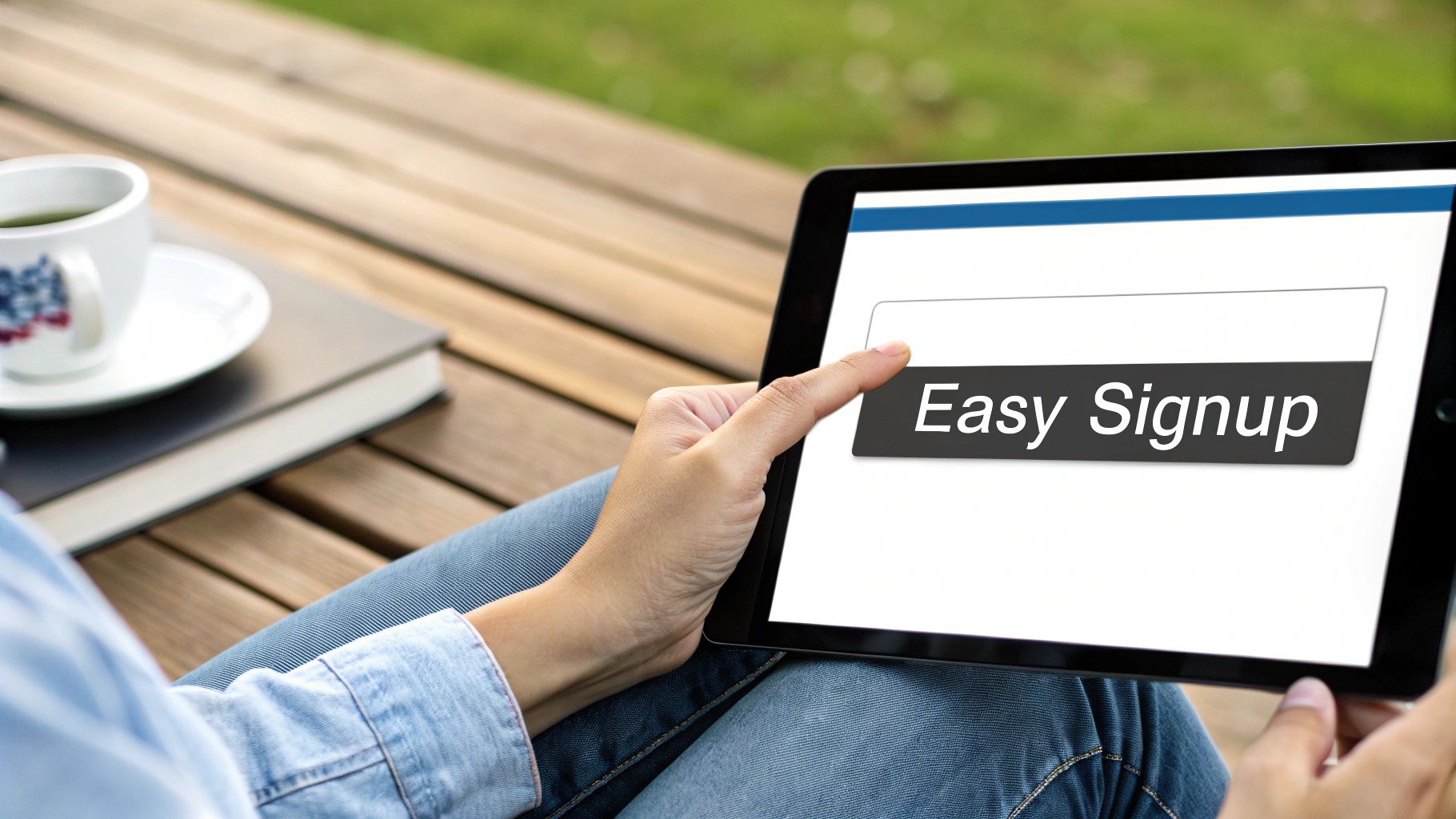 Person sitting outdoors, holding a tablet displaying 'Easy Signup' button, with a finger touching the screen.