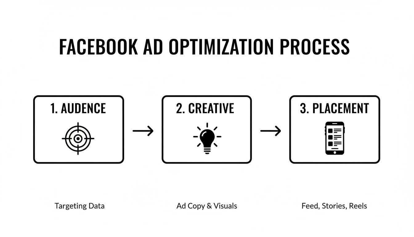 Diagram showing the Facebook Ad Optimization Process steps: Audience, Creative, and Placement with icons.