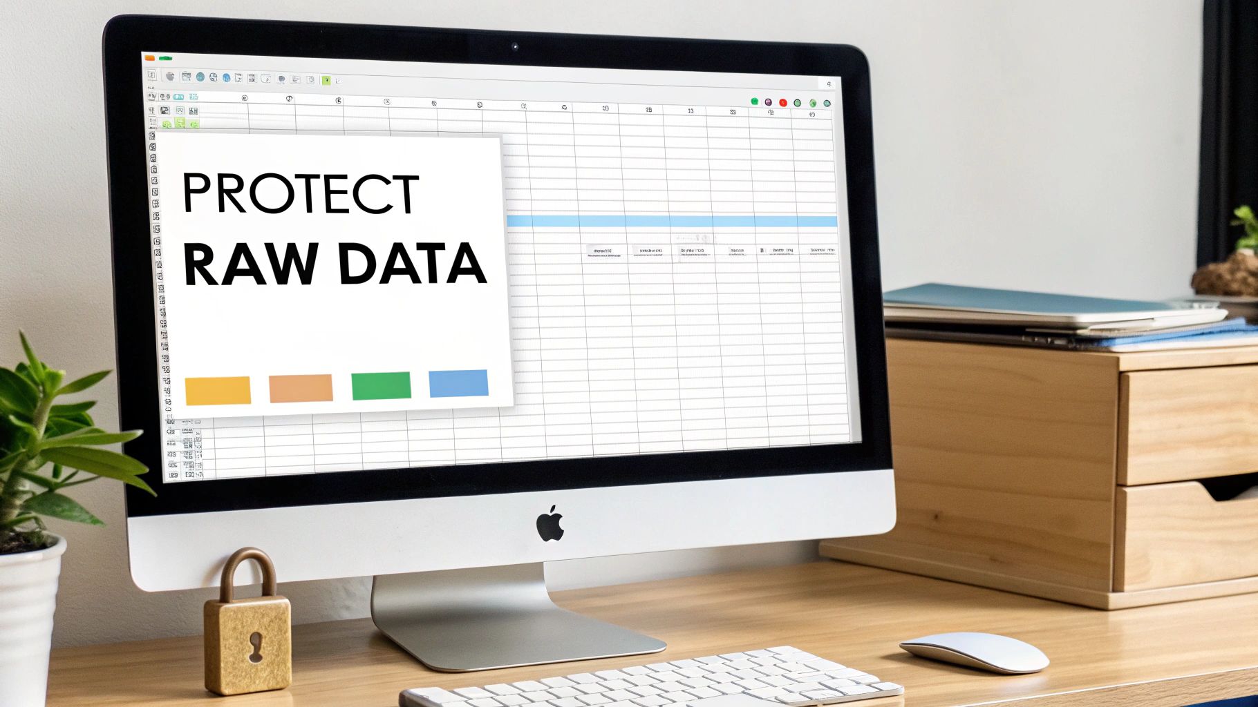 A desk setup with an iMac displaying "PROTECT RAW DATA" on a spreadsheet, with a padlock.