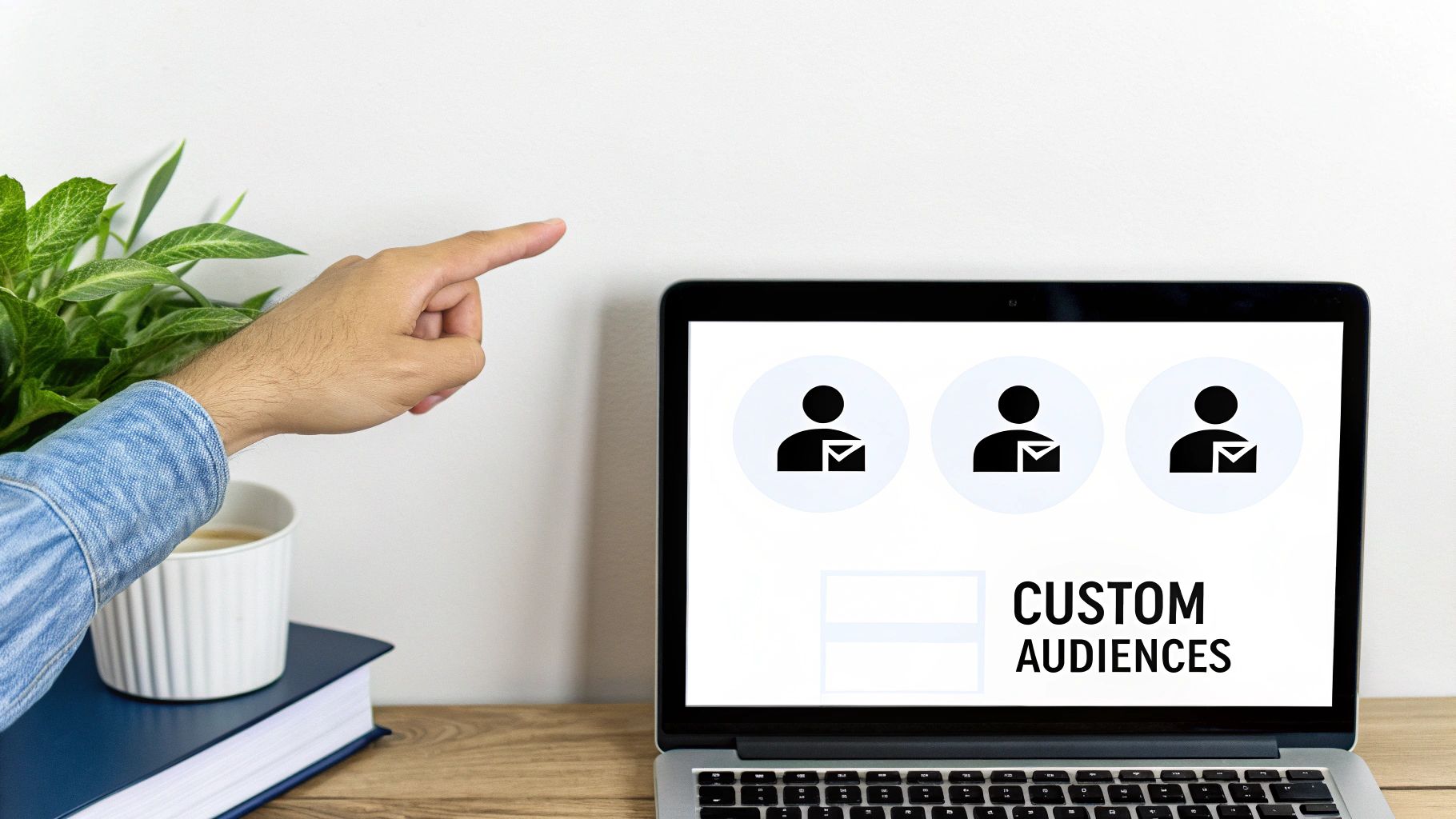 Hand pointing at a laptop screen displaying 'CUSTOM AUDIENCES' for digital marketing.