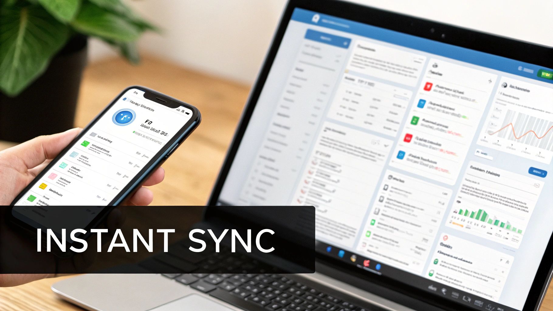 A digital dashboard showing interconnected charts and graphs with Facebook and CRM logos, symbolizing unified data and growth.
