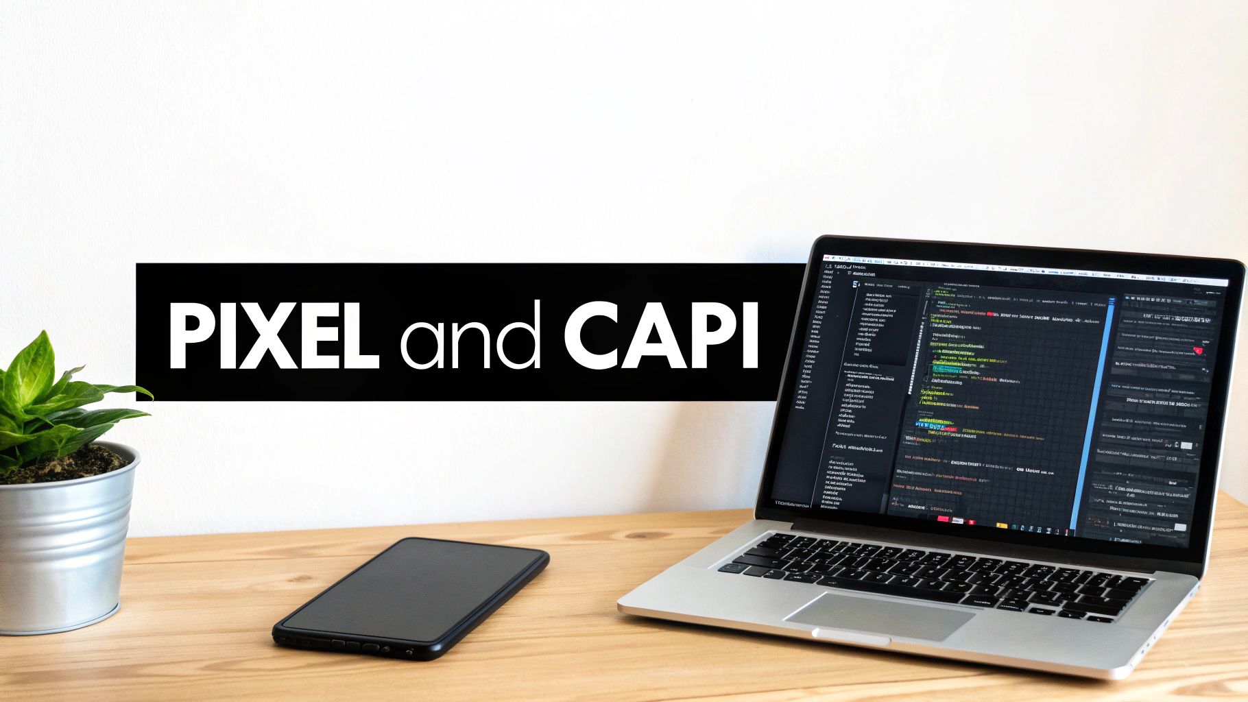 A desk setup with a laptop showing code, a smartphone, a plant, and a 'PIXEL and CAPI' banner.