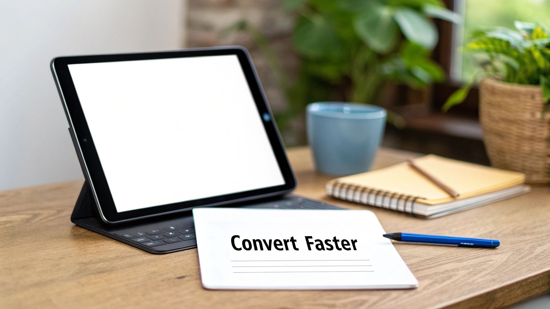 A tablet on a wooden desk with a blank screen, a note saying 'Convert Faster', and a blue pen.