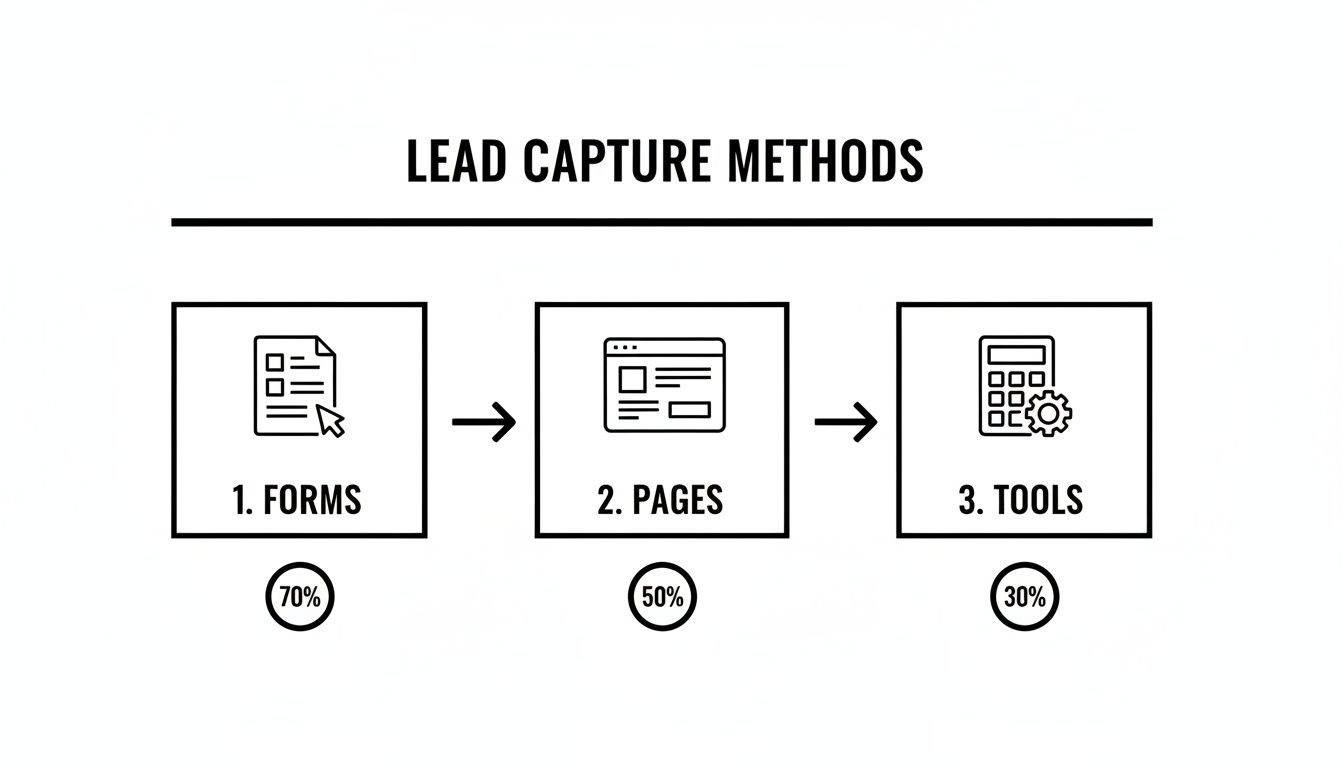 Diagram illustrating lead capture methods: forms (70%), pages (50%), and tools (30%) with icons.