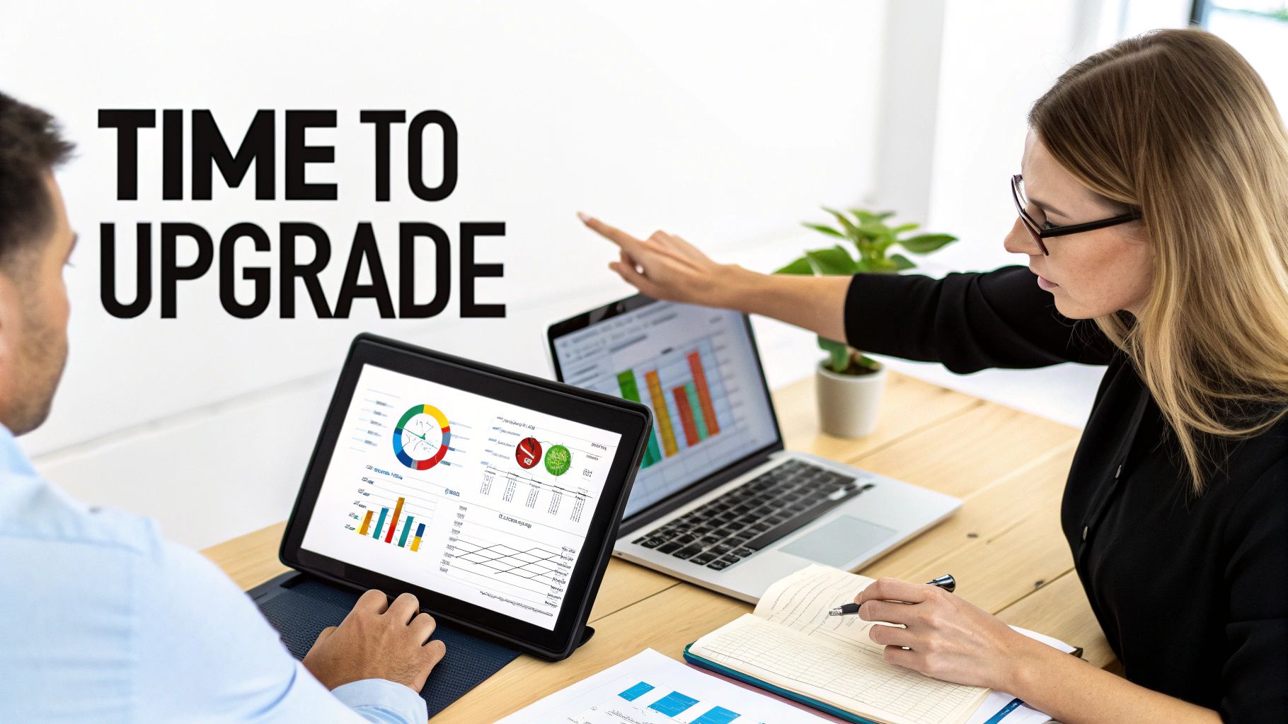 A person at a crossroads, one path a simple spreadsheet, the other a complex software interface