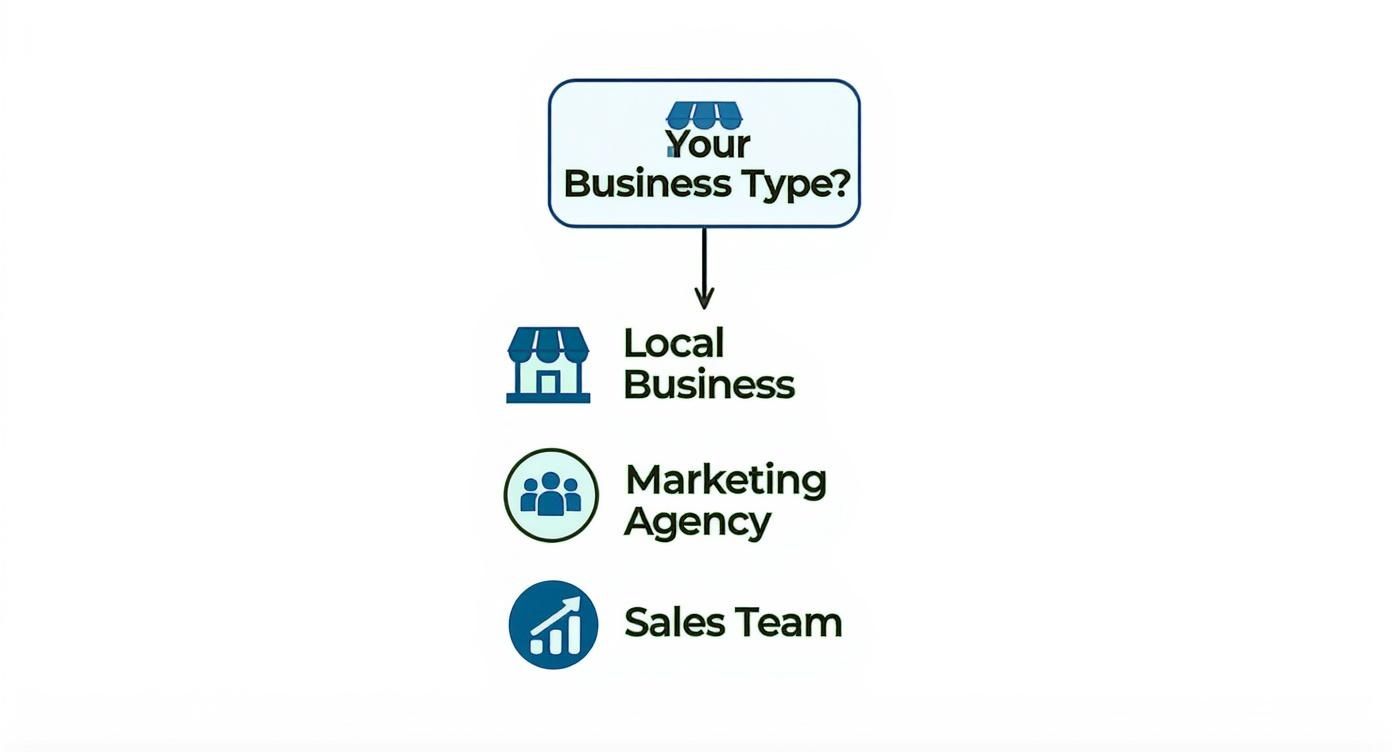 Infographic decision tree showing paths for local businesses, marketing agencies, and sales teams in choosing marketing automation software.