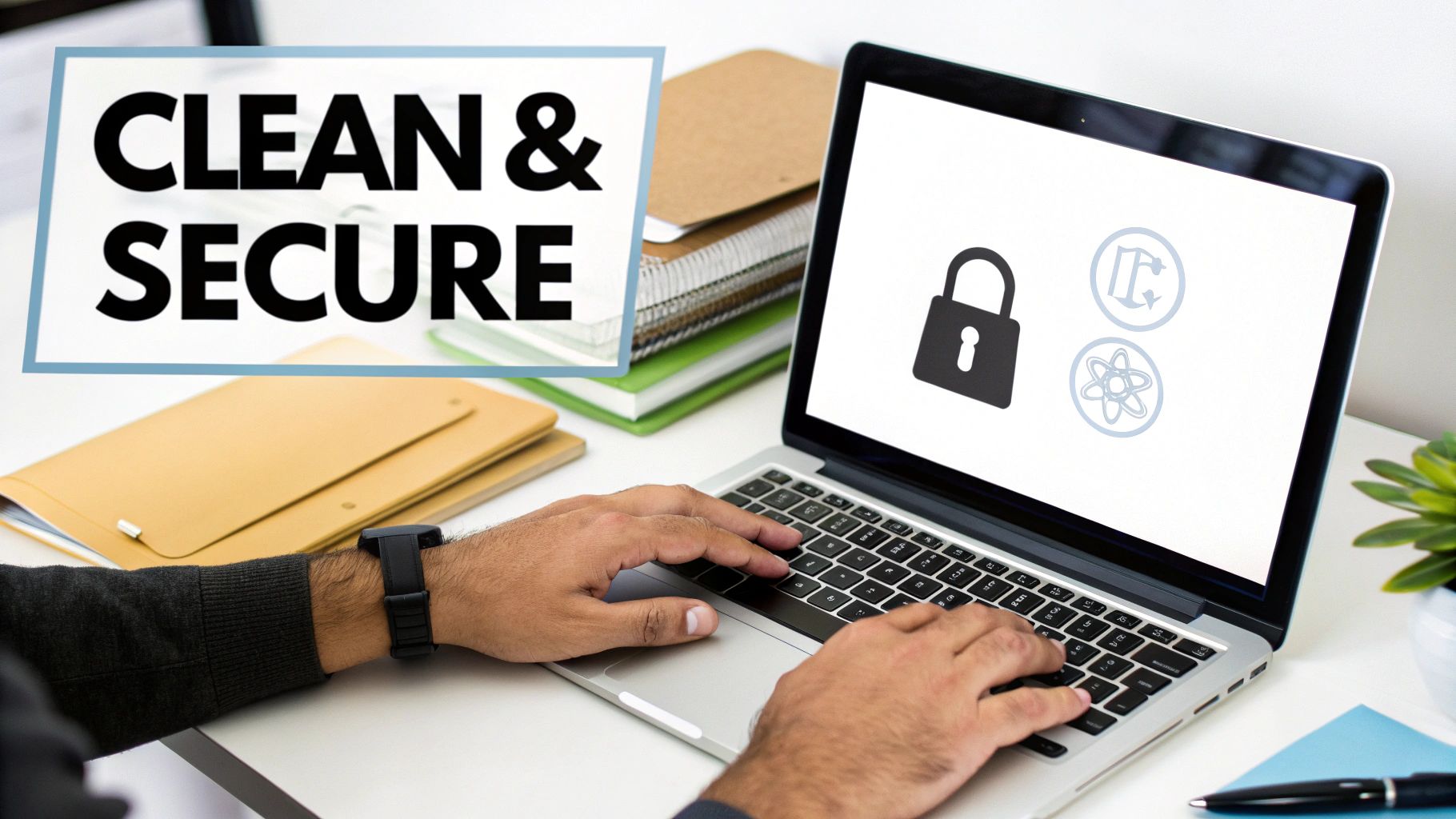 Person typing on laptop with padlock icon and clean secure text representing data security