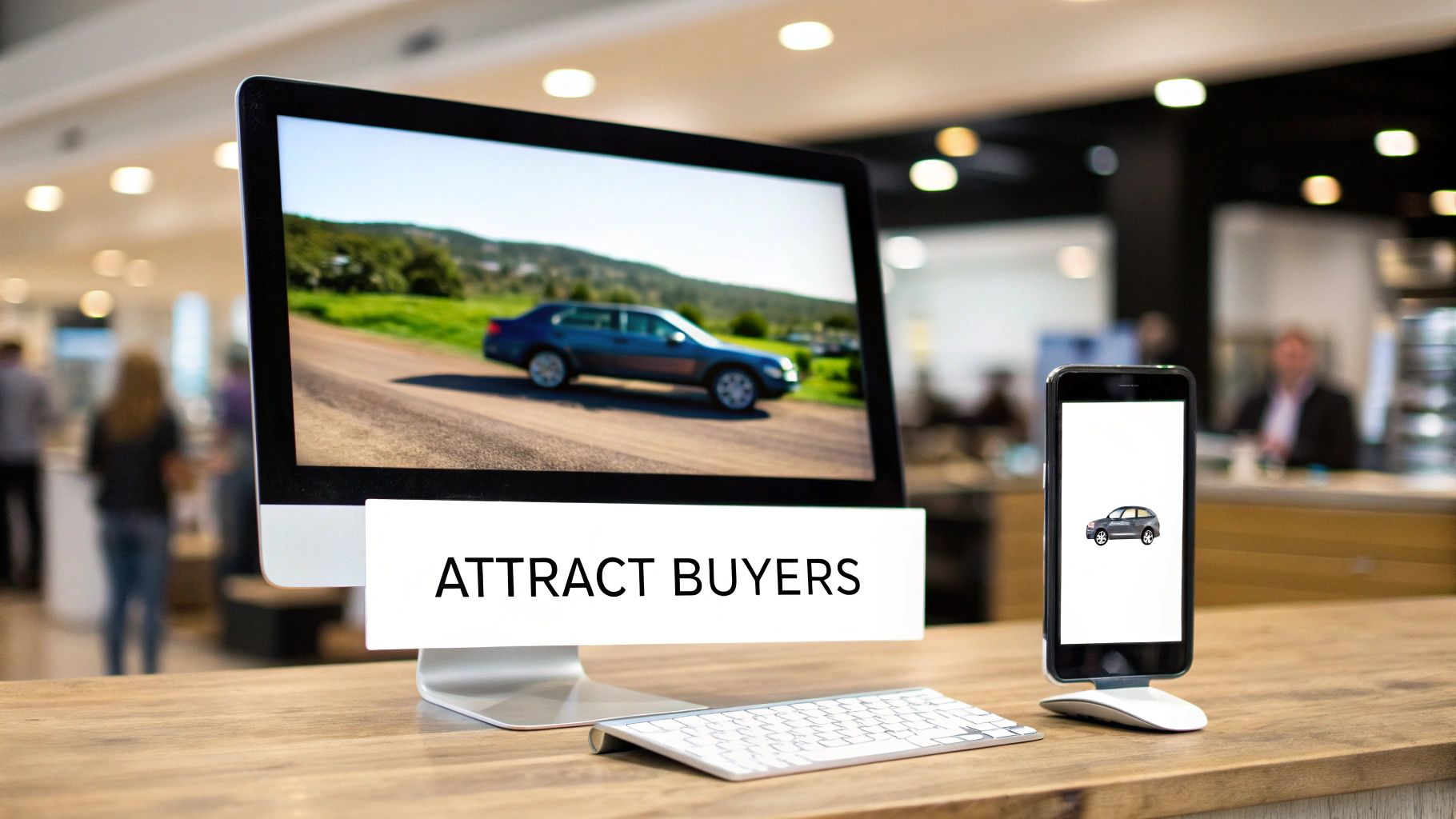 A desktop computer displays a blue car and 'ATTRACT BUYERS' text, with a smartphone showing a car icon.